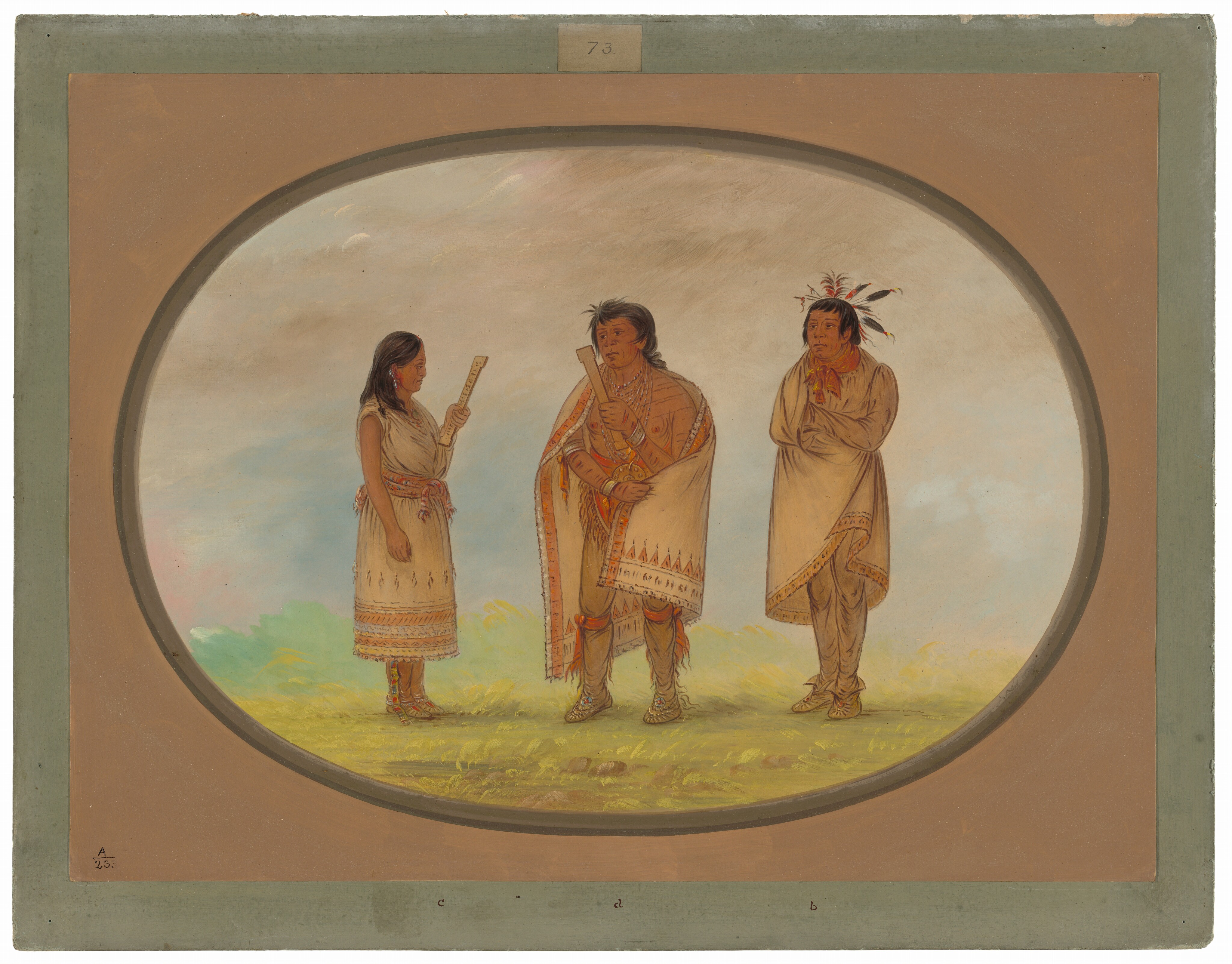 Three Native American figures are standing on grassy ground. The person on the left is female, wearing a dress and holding a cylindrical object. The central figure is a male with one hand on his hip and the other raised to his chest, wearing a fringed cloak. The male figure on the right is standing with his arms folded, wearing a robe and traditional moccasins. The background displays a cloudy sky with hues of yellow and green.