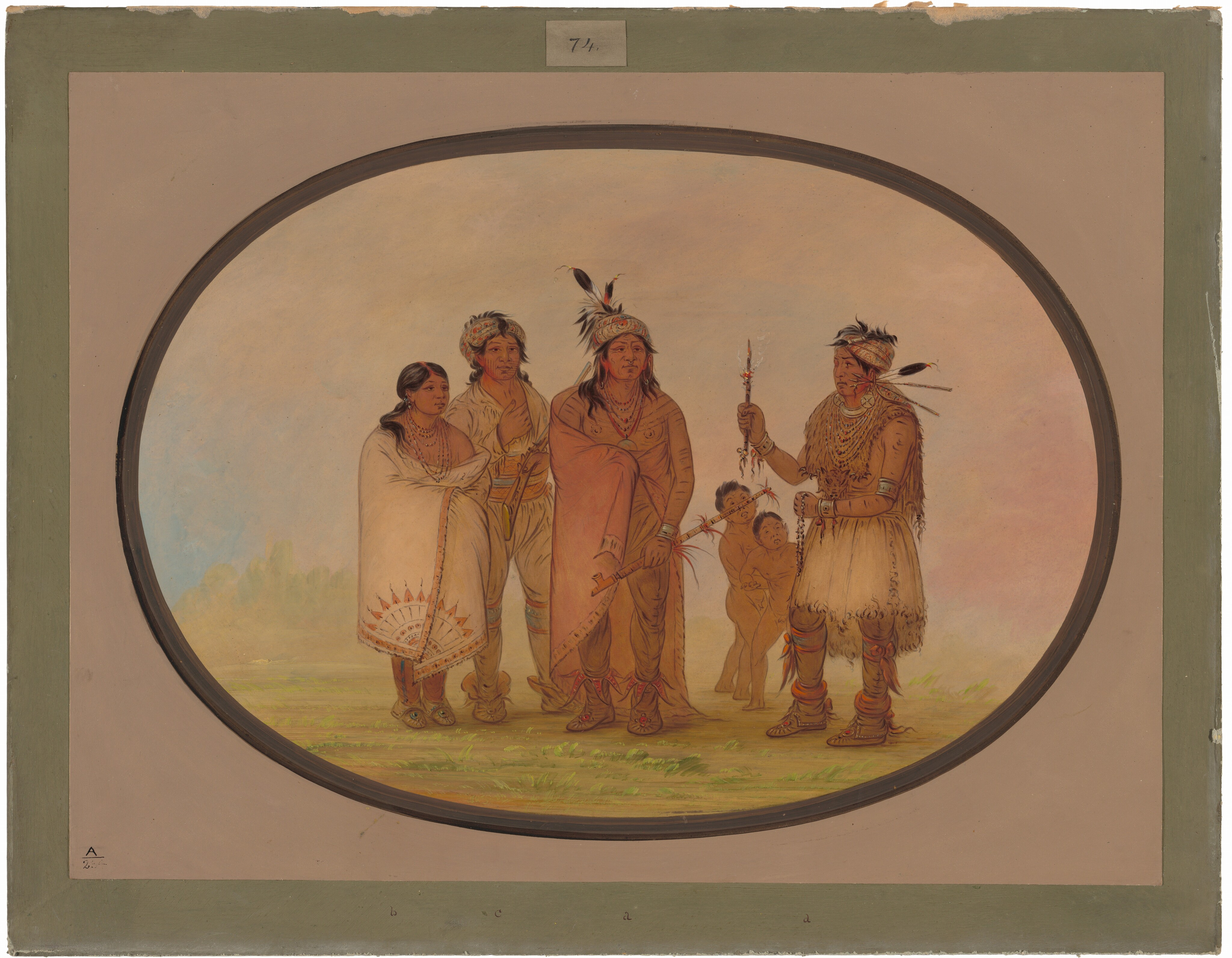 This painting shows five people standing together in a grassy area. On the left, a man and a woman stand next to each other. On the right are two more men with two small boys visible between them. All of the people have tan skin and black hair. The children are naked, but the adults wear fabrics wrapped around them in shades of cream and light brown, with tan trousers underneath. The three men wear feathered headdress decorated with detailed, colorful designs over their black hair. They also wear jewelry, such as multiple strands of colorful beaded necklaces, hooped earrings, and silver arm bands. The two men on the right have elongated earlobes, and the man on the far right has three arrows sticking through the hole. He also holds a strand of beads in one hand and a thin branch in the other that appears to have a small flame on its top. The central man holds a long object with red fibers sticking out of it, and his bare torso is covered in thin, black, horizontal lines. The man on the left holds a rifle. The people stand on green grass, and the background features soft blue-and-pink skies. The scene is bordered by an oval frame surrounded by blank beige paper and a pale green border.