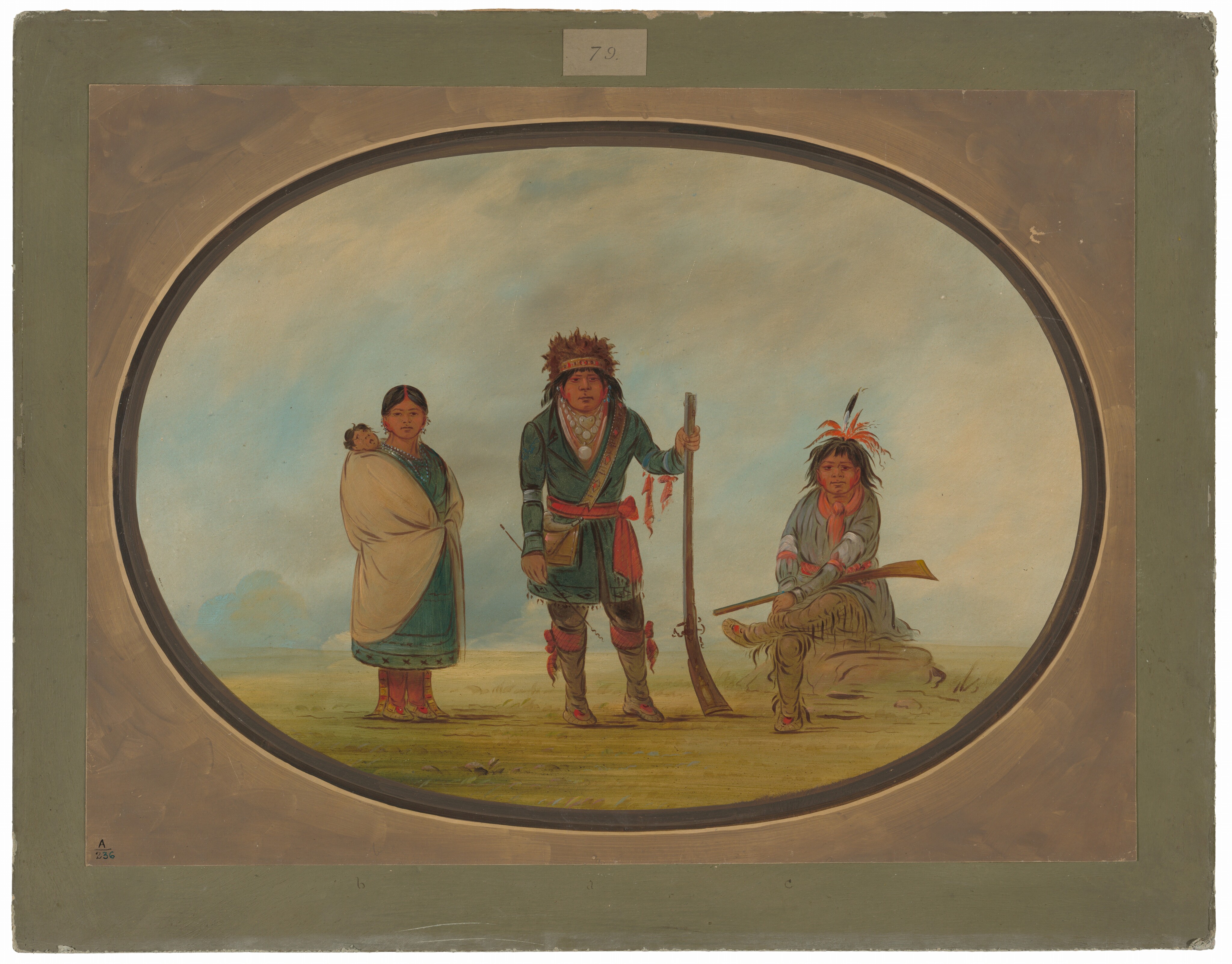 The image shows three full-body figures of Native American individuals. To the left stands a woman wrapped in a light-colored shawl, holding a small child on her back. The woman's hair is parted down the middle, and she wears a long turquoise dress and red shoes. In the center stands a man wearing a headdress with feathers, earrings, and several necklaces. He is dressed in a dark green outfit with decorative trim and red accents, and he holds a long rifle in his right hand. This man's face is adorned with red paint around his eyes. To the right, another man sits cross-legged on the ground, wearing a feathered headdress similar to the standing man. His attire is grey with decorative elements, and he holds a tomahawk in his hands. The background is an open landscape with a predominantly light blue sky and clouds. The image is framed by an oval border set within a larger rectangular frame.