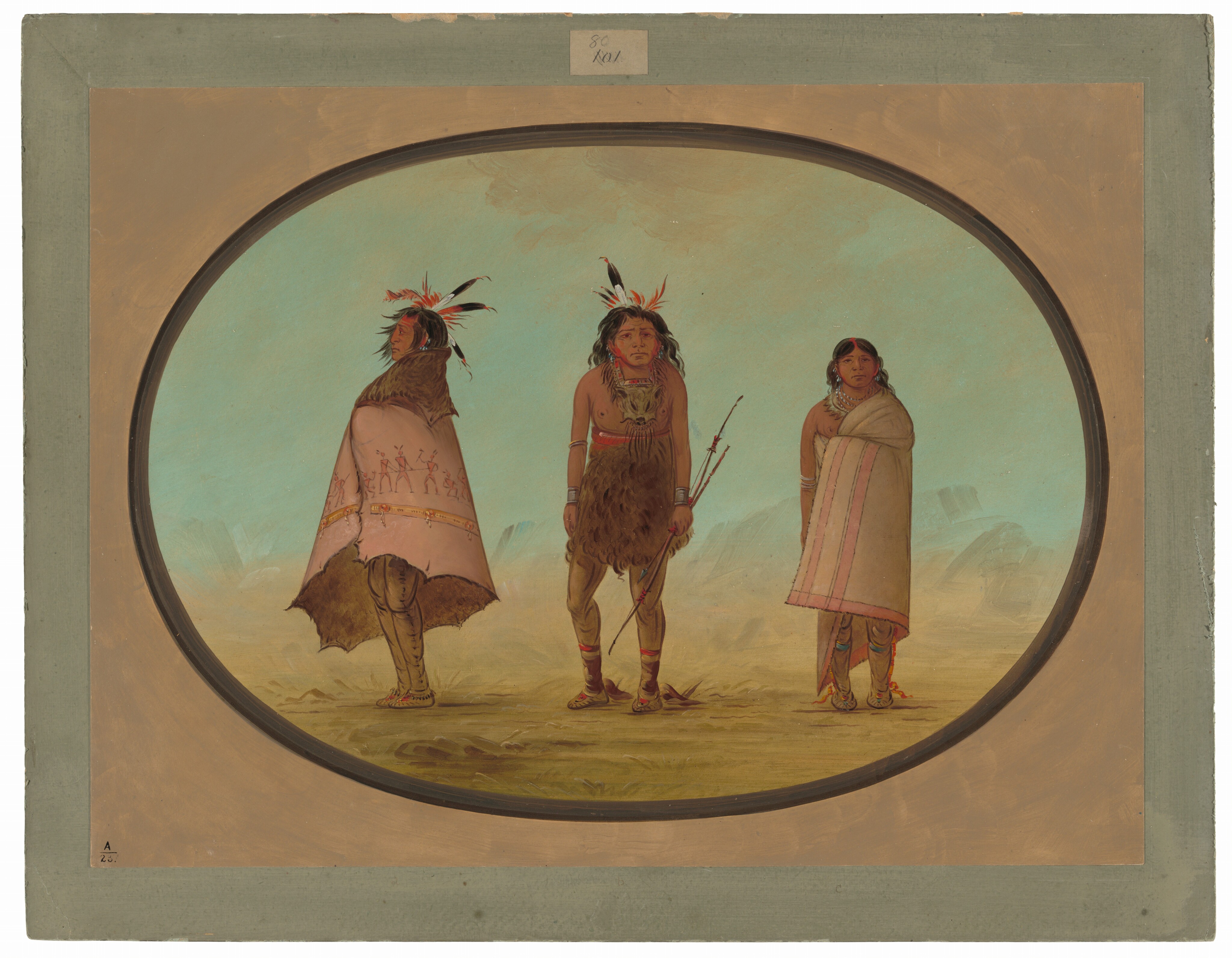 Three figures are shown standing side by side. The first person on the left wears a cape featuring human-like figures and fringes, with long dark hair and feathers. The middle person wears a fur outfit with a feathered headpiece, holding a bow and arrows, and adorned with bracelets. The person on the right wears a light shawl with a pink border and jewelry, standing with bare arms. The background shows a vast open landscape in blue and beige tones.