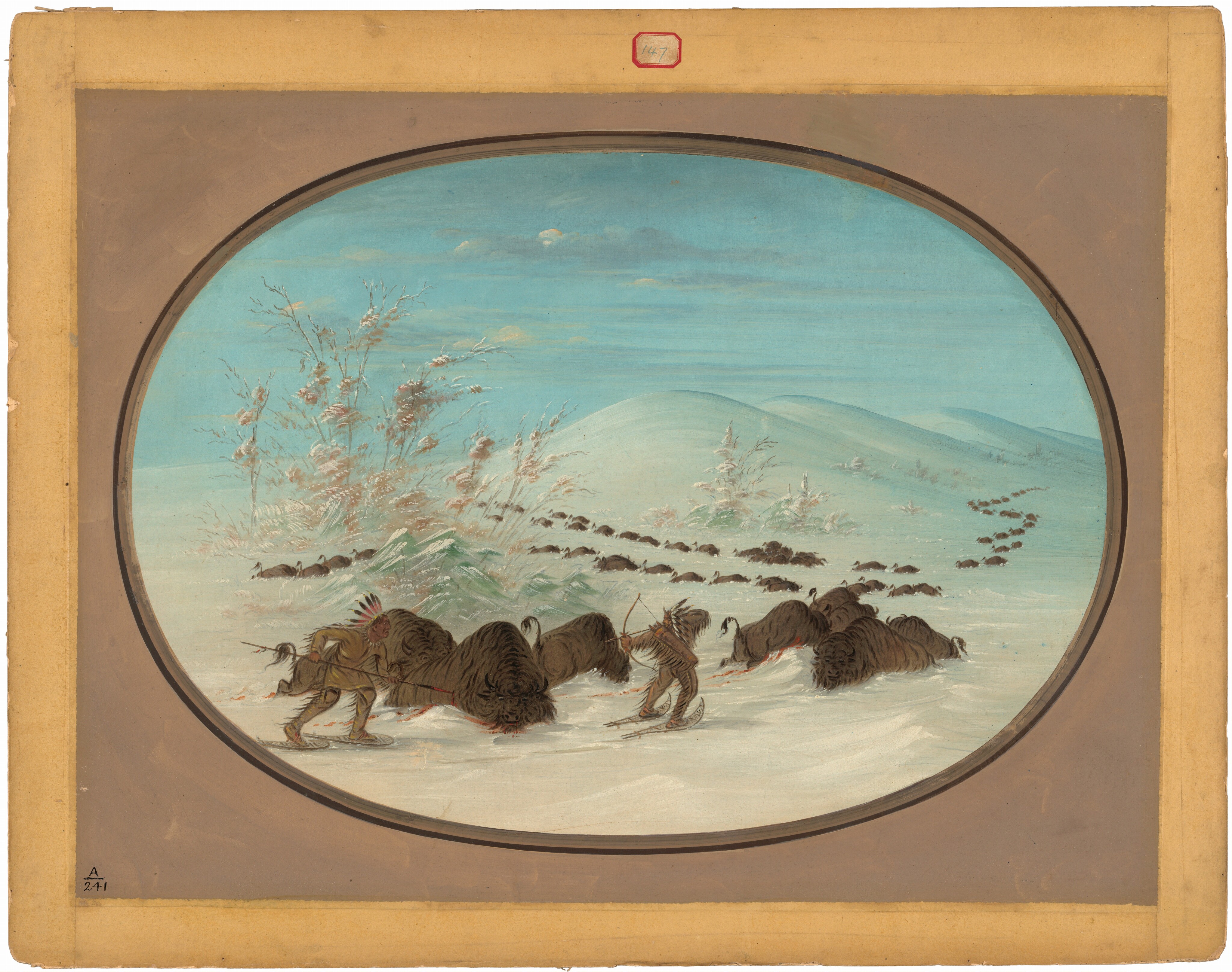 The image shows a snow-covered landscape with a herd of dark bison scattered across it. Two figures in fur garments are crouched near one of the bison. The terrain includes soft, rolling hills with snow-dusted bushes. The color palette is primarily white and blue with hints of dark brown and a pale blue sky. The brushstrokes are detailed, capturing the snow and fur textures.