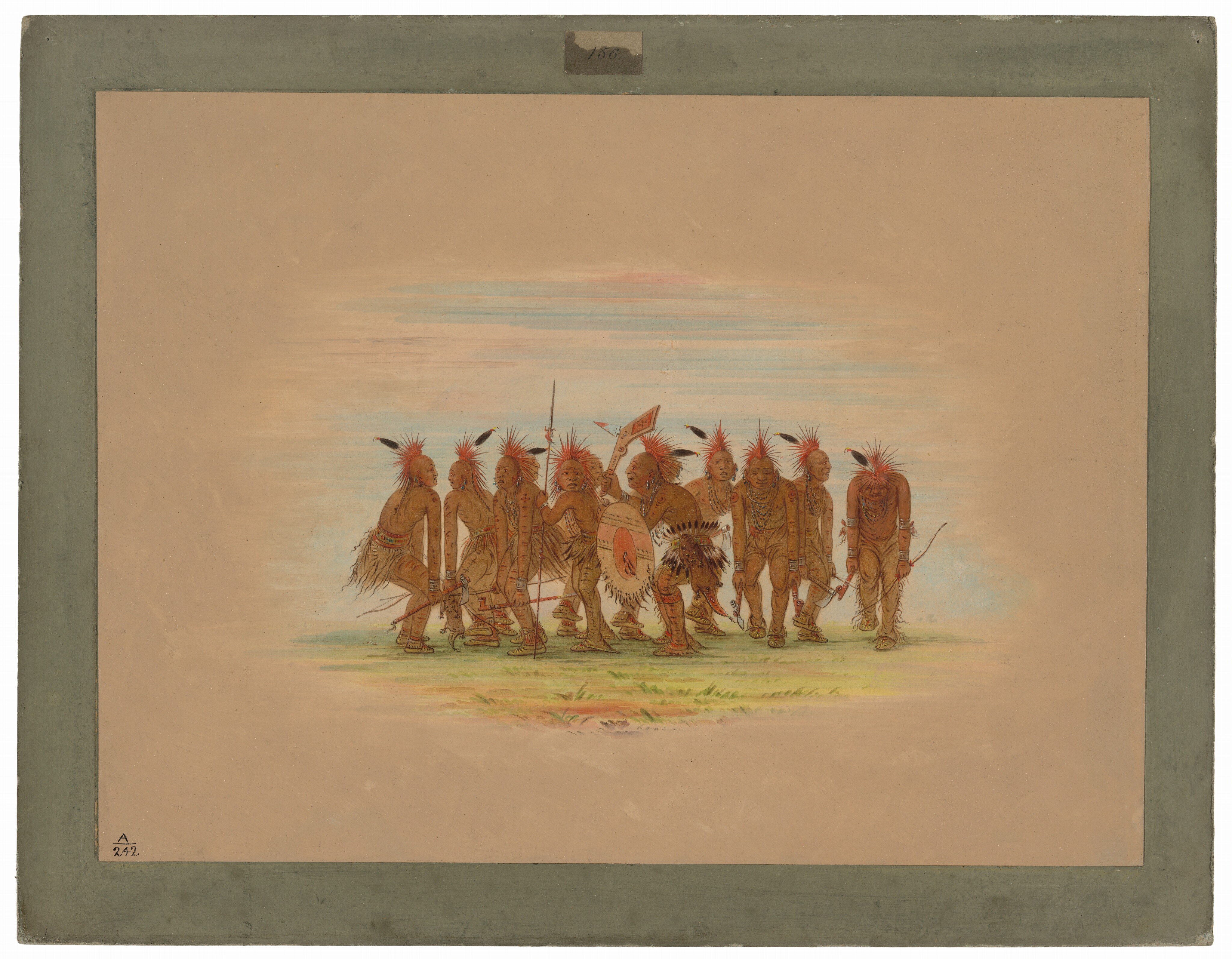 The image shows a group of eight full-body depictions of Native American men standing and walking together. They are positioned in a line with subtle variations in stance and direction, indicating movement. The men have distinct facial features with dark, straight hair adorned with red and black feathers. Their hair is styled into mohawks or pulled back. They are wearing traditional attire, including fringed skirts, beaded necklaces, and bracelets. One of the men is holding a spear, while another holds a circular shield decorated with patterns, and a smaller hand-held fan-like object. Some men have bows and arrows. The men are set against a light background with pastel tones. The scene is framed with a simple grey-green matte.