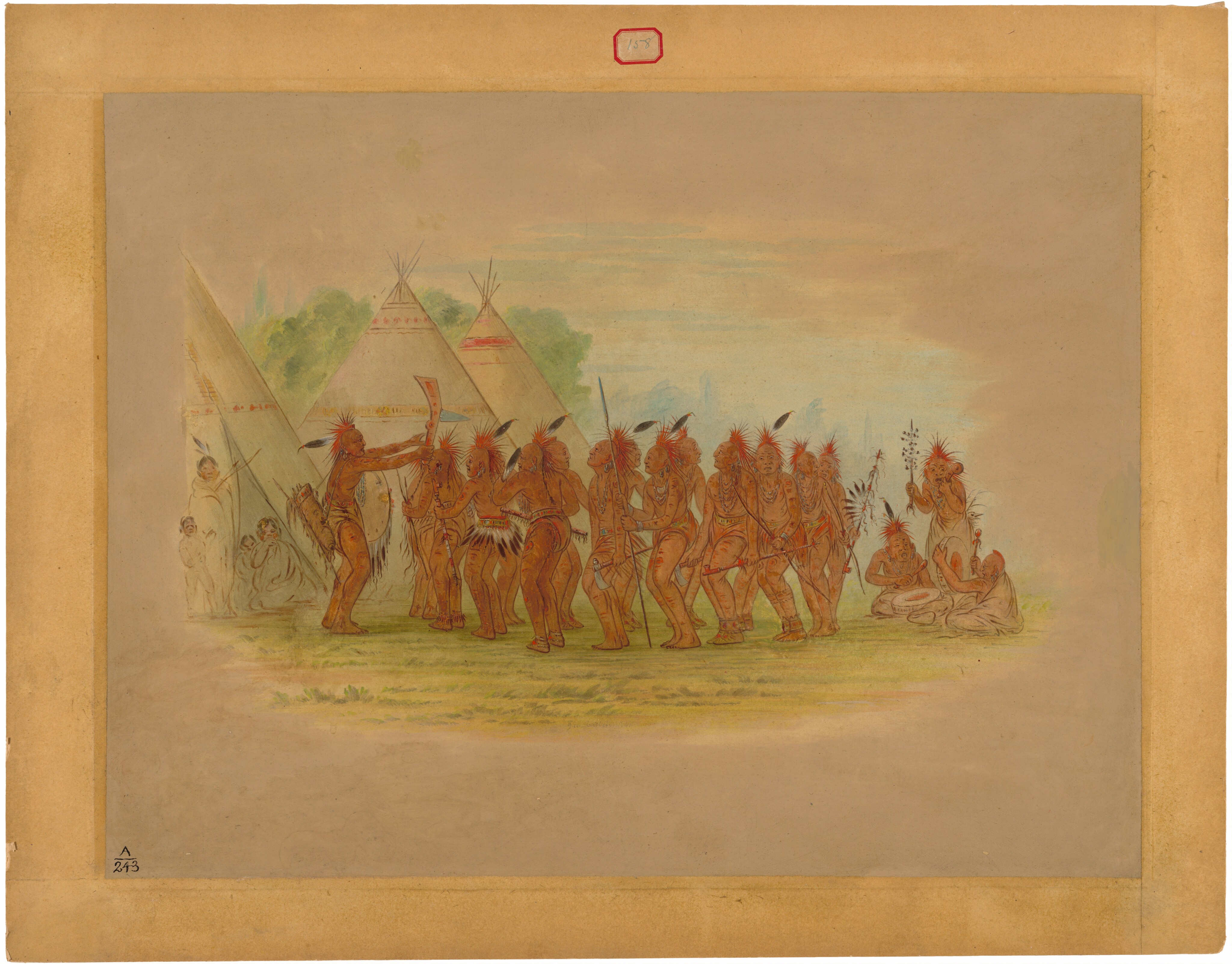 This is a painting showing a group of people dancing or engaging in a ritual near some tipis. The individuals are dressed in traditional clothing and headdresses, dancing energetically in a circle on a grassy field. In the background, tipis are lined up with geometric patterns, supported by long wooden poles. This painting depicts a scene from a Native American cultural event, emphasizing the detailed representation of clothing and communal interaction. The style is reminiscent of George Catlin, who documented scenes from the lives of Native American tribes during the 19th century.