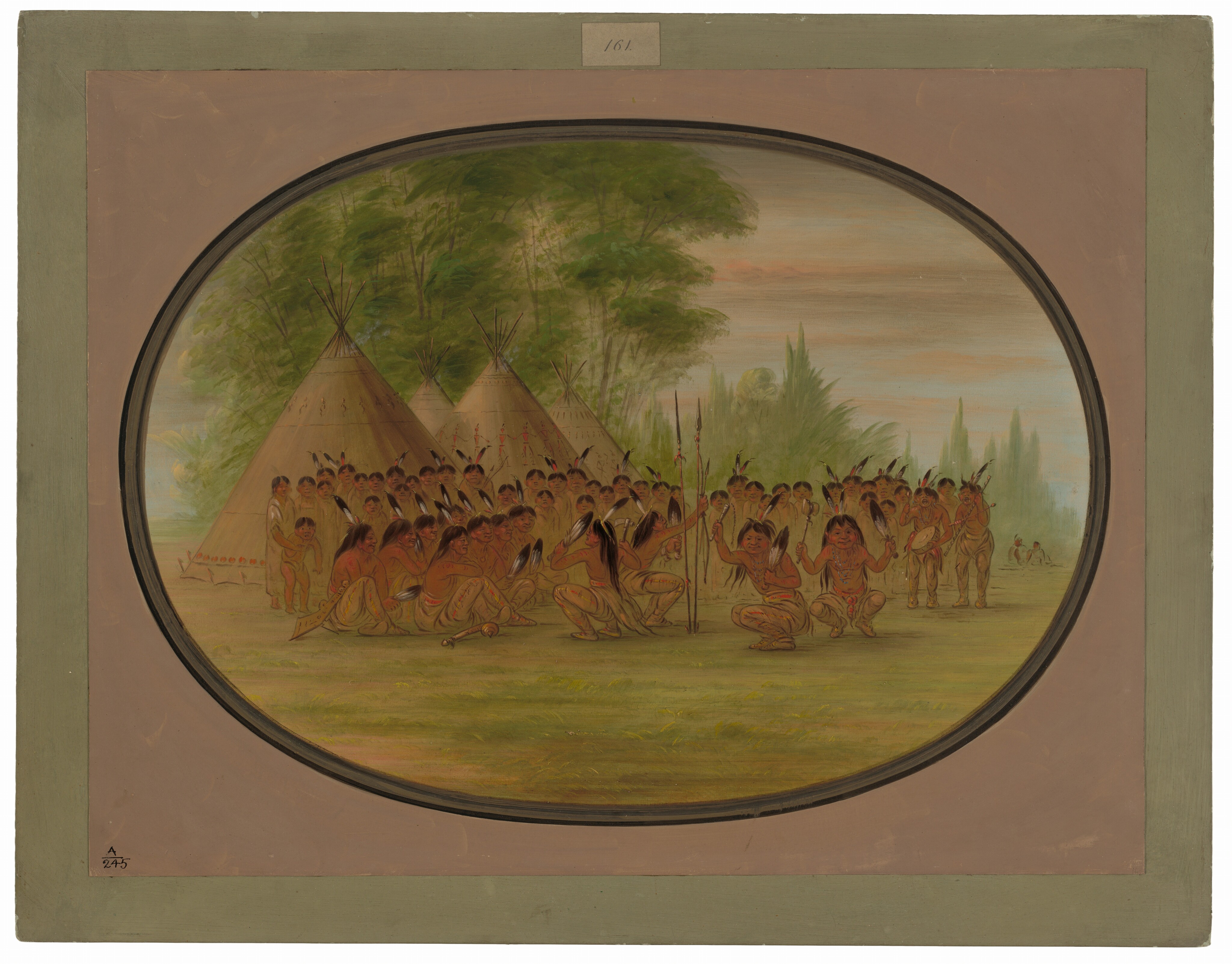 This is a painting of a group of individuals in a circular formation surrounded by tipis. The scene captures the individuals sitting and standing in a communal setting, engaged in what appears to be a ceremonial performance or gathering. The group is surrounded by tipis against a backdrop of trees and a sky with hues of blue and pink. The figures are detailed with attention to their clothing and body posture, emphasizing community and cultural expression. The style is reminiscent of George Catlin.