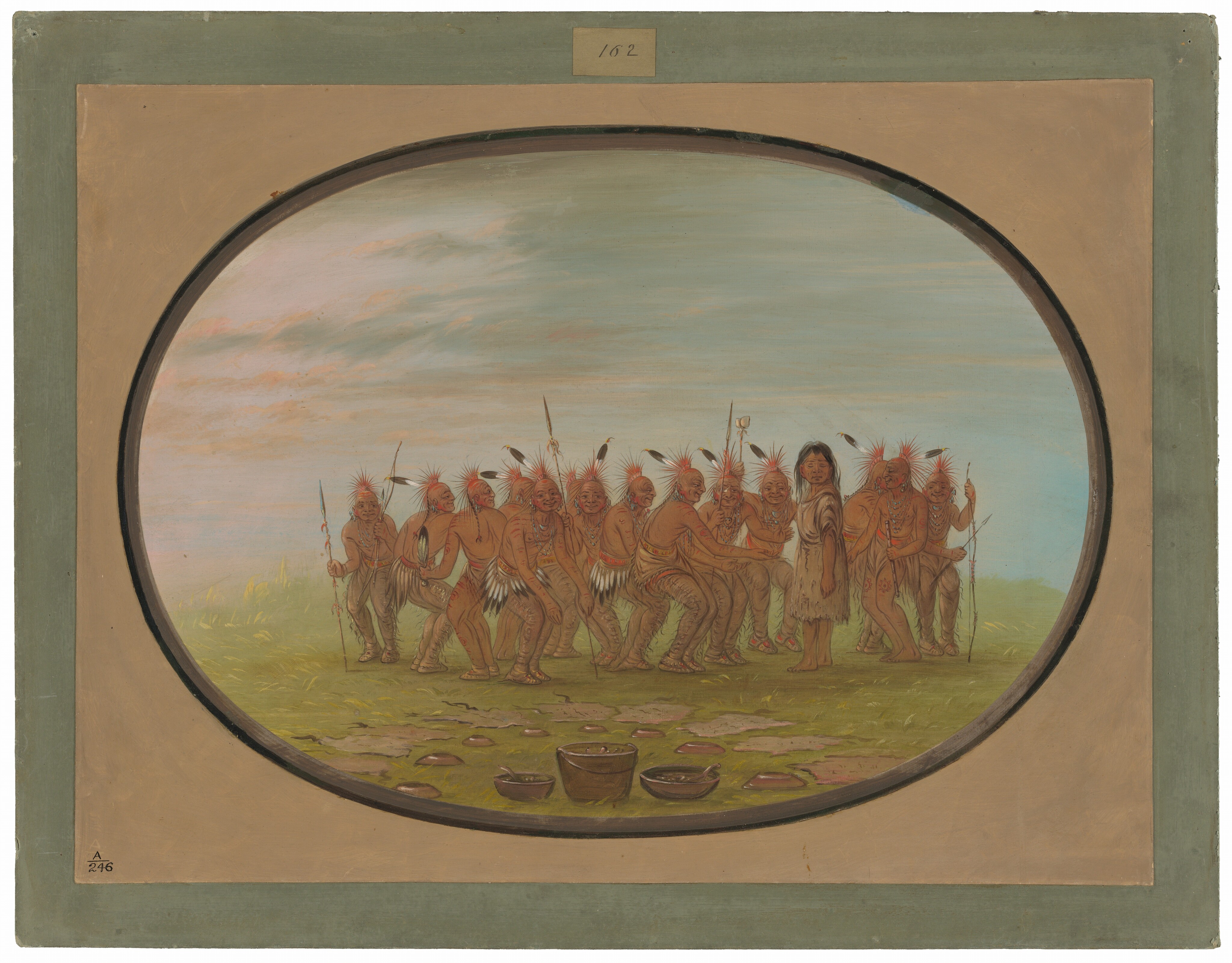This is a painting of a group of people clustered together and facing different directions. Many of them have their knees bent. The group stands on light green grass under a blue sky, and the composition is framed in an oval. Almost all of the people are bare chested, their tan skin decorated with horizontal lines of bright red paint. They wear orange and yellow belts and long, white-and-black feathers around their waist. Some wear pants that appear to have tassels or string attached to the sides, while others have bare legs decorated with more red paint. They wear long strands of necklaces and multiple earrings featuring bright turquoise beads, and their hair is tied back in long, thin braids with more feathers and red spikes sticking up from headdresses they wear. Some of the people hold objects like spears, bows, and instruments. One person on the right is dressed differently, wearing a plain brown dress. This person has long black hair, and their body is turned to the left while their face is turned over their shoulder toward us, their eyes closed. In front of the group of people is a semi-circle of gray stones, within which are three large pots or vessels.