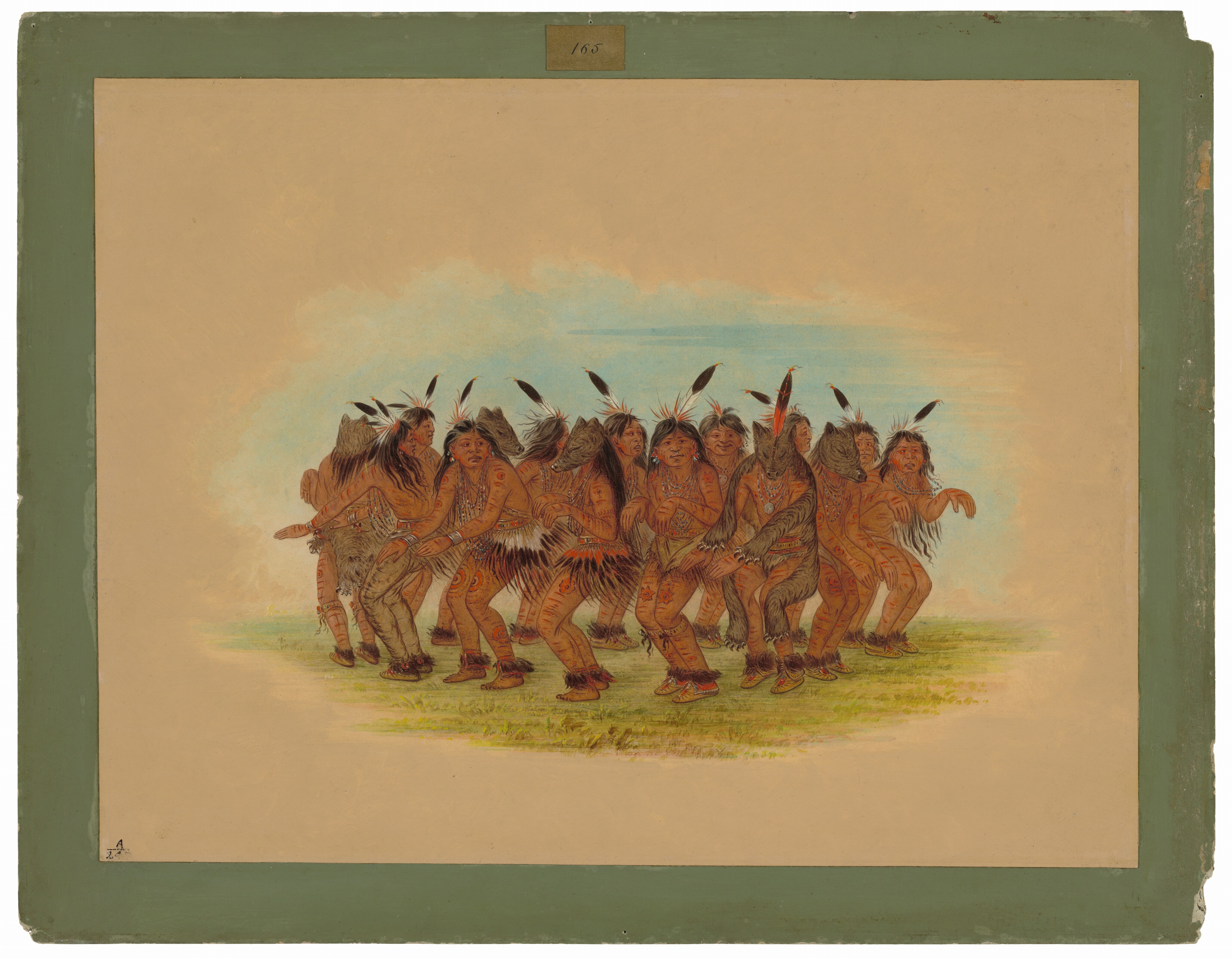 The image shows a group of Native American men gathered closely together in a dance formation. They are positioned facing slightly towards the right, with their full bodies visible. Some have bent knees and various arm poses suggesting movement. Their faces are visible, featuring a range of expressions, adorned with body paint and feathers. The men have long, dark hair styled with feathers. They are dressed in natural-colored, fringed garments decorated with feathers and painted designs. The background consists of softly blended earth tones transitioning to a lighter blue sky, with green grass beneath their feet.