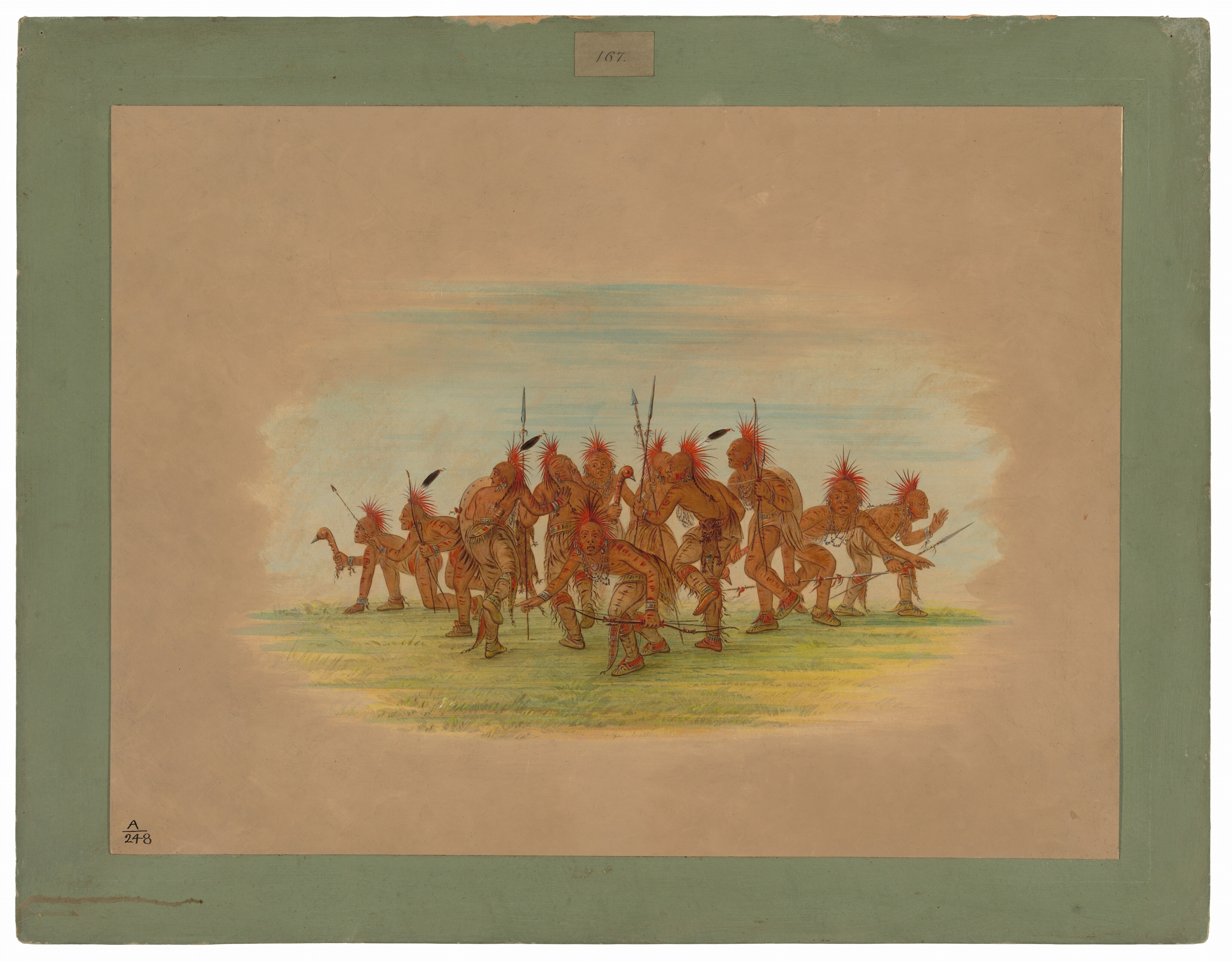 This is a painting of a group of figures arranged in a circular formation. The figures are painted with vibrant red hues on their heads, carrying spears or sticks. The background is light tan with hints of blue and green. The style of the figures and their attire imply a cultural or historical narrative. The painting is in the style of George Catlin.