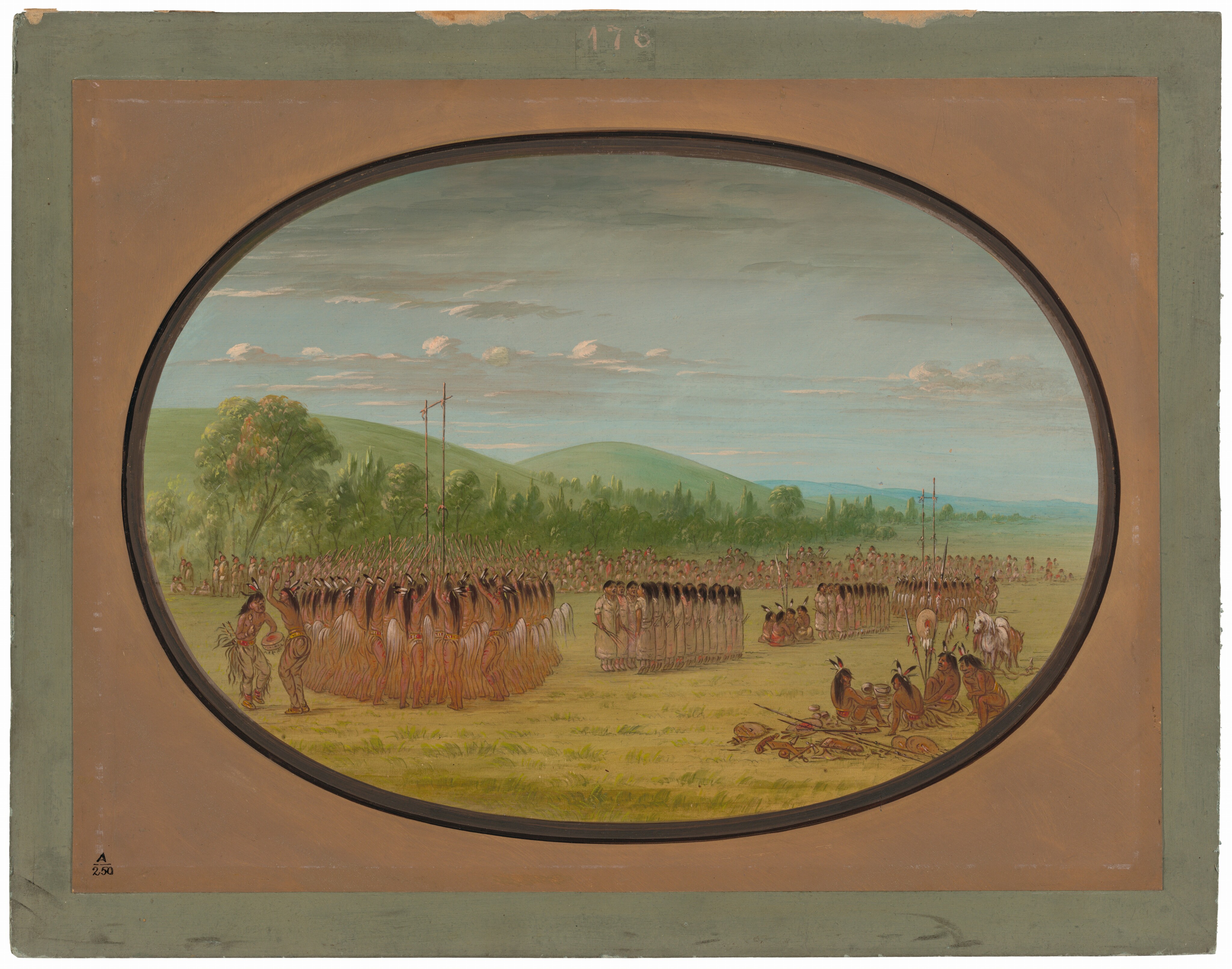 The painting depicts a ceremonial gathering from an elevated perspective. The horizon line is high, showing a wide area with green hills, trees, and a vast sky with clouds. The brushwork is detailed, focusing on figures in ceremonial attire. The color palette is earthy with shades of green and brown. Groups of people are gathered, some on horseback or performing rituals. The artwork is contained within an oval frame on the canvas.