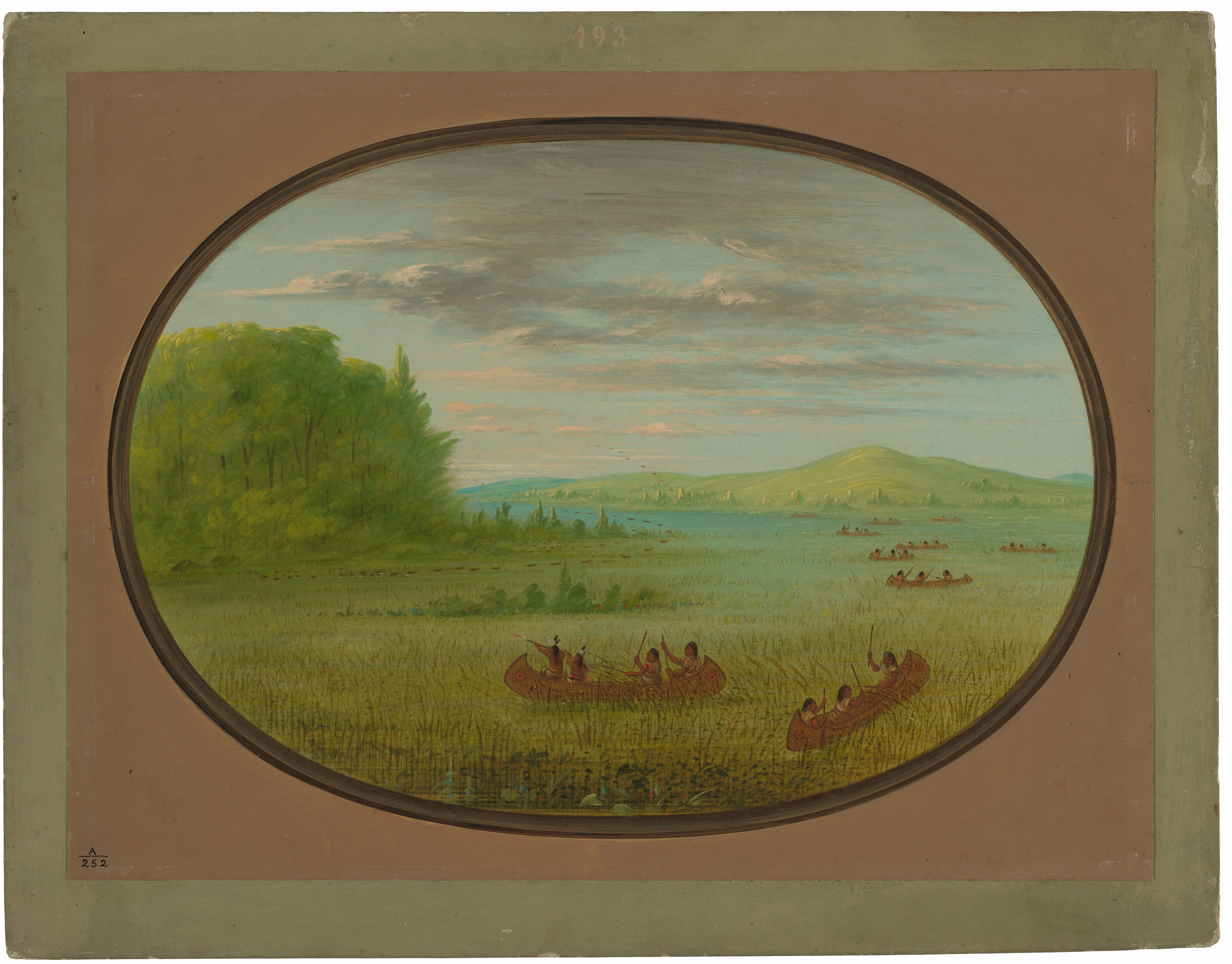 The image displays a landscape with Native Americans paddling canoes through a marshy field. The point of view is elevated, offering a broad look over the scene. The horizon line is high, just below the sky meeting gentle hills in the distance, with a line of trees along the horizon. The painting style is detailed with fine brushstrokes to convey texture and depth. The color palette is muted, dominated by greens, browns, and blues, with hints of grey and white. Rich vegetation frames the scene, with an expansive and calm sky above.