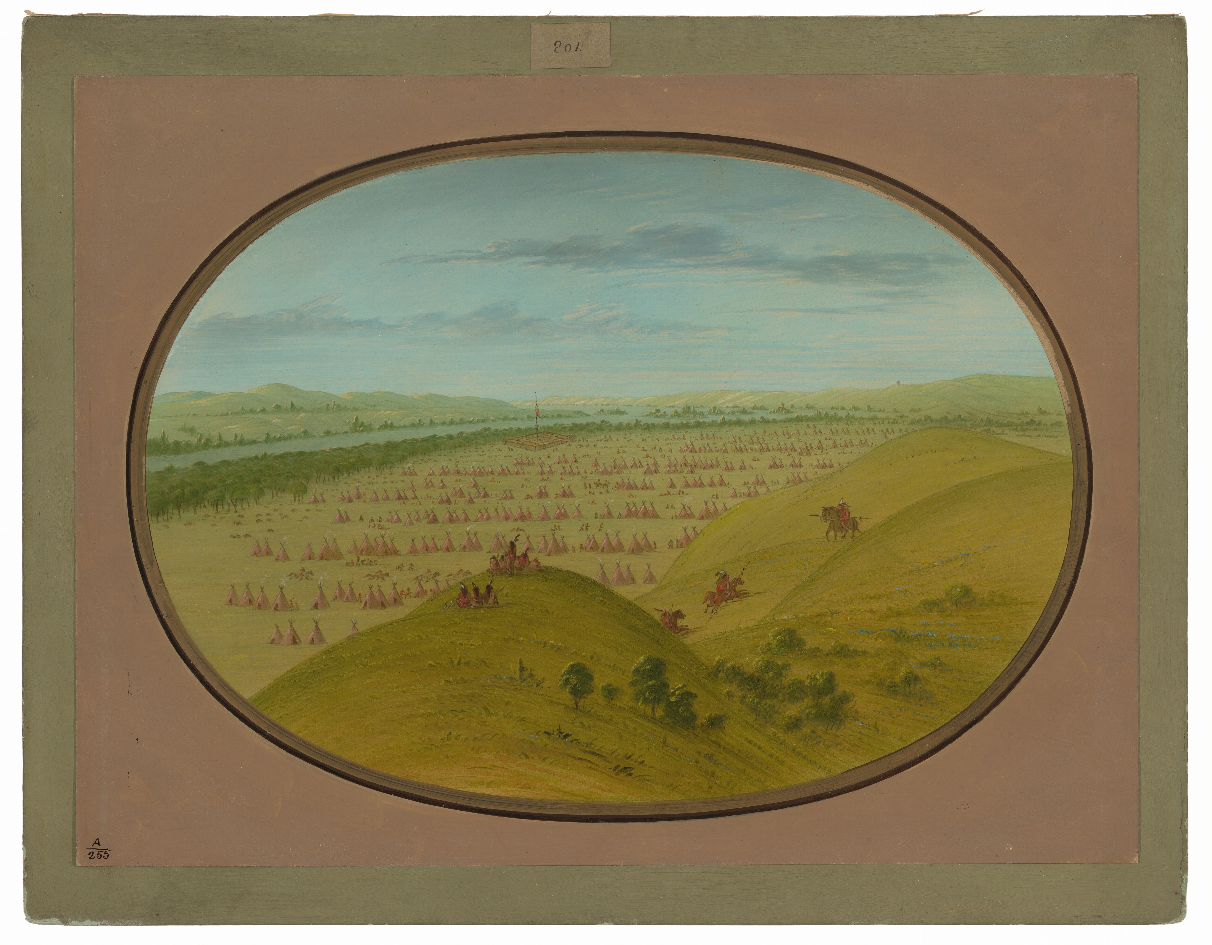 The image shows a landscape with tepees spread across a plain. The sky meets the rolling hills in the background. The colors are muted earth tones with soft blues and greys. There are figures and horses on the hills.