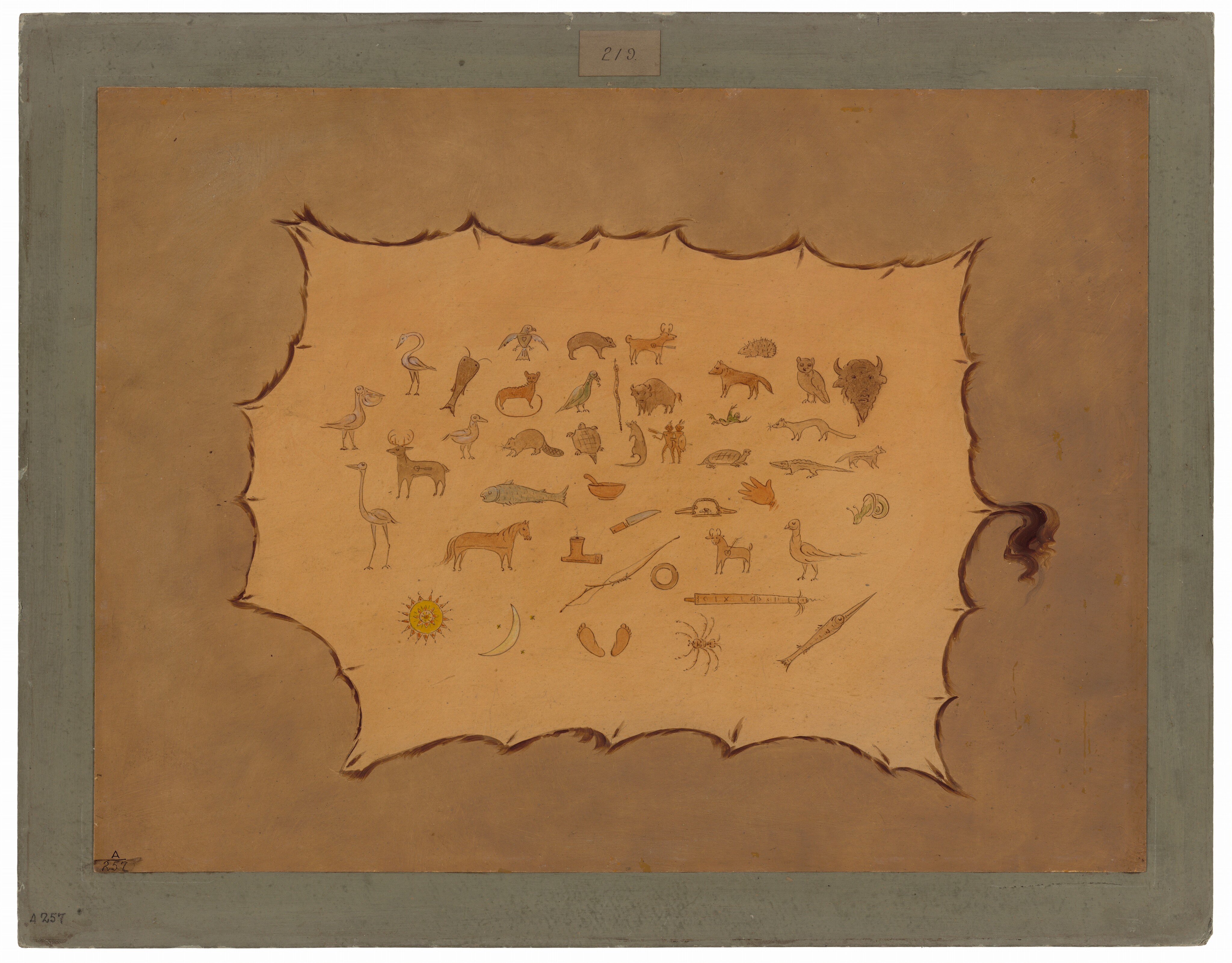 The painting features various natural symbols and animals on a stretched canvas-like background. The animals, including a buffalo, fox, deer, owl, dog, heron, and others, are drawn in a stylized manner. The background resembles a piece of parchment or animal skin. Symbols such as the sun, moon, and various tools or weapons are also included, giving the image cultural significance. This is in the style of Native American ledger art or similar ethnographic illustrations.