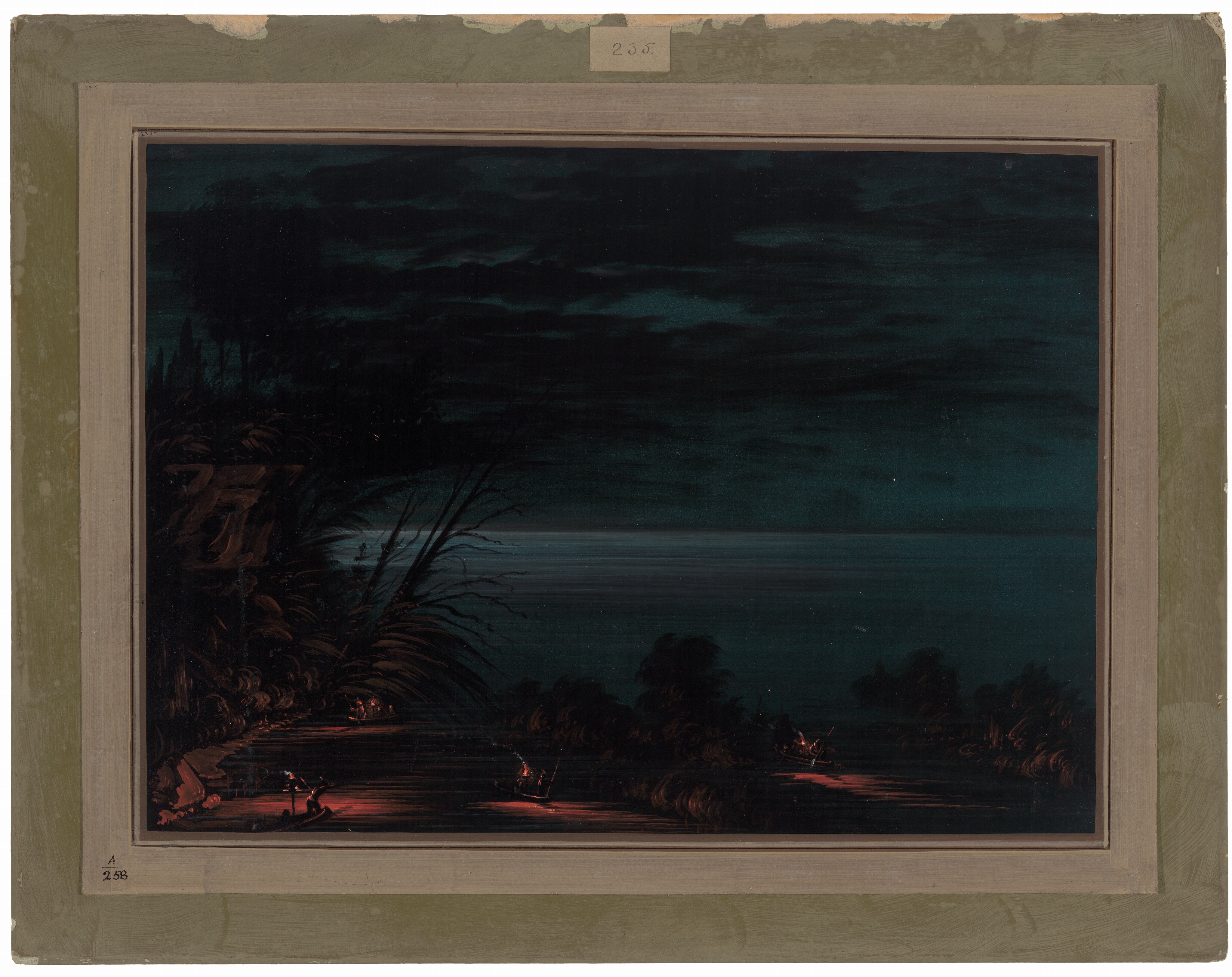 The image shows a nighttime landscape with a river extending towards the horizon. There are trees and foliage in the foreground, and the scene is illuminated by scattered fires casting a reddish glow. The color palette includes deep shades of blue and black. The sky and water are depicted with smooth, flowing brushwork.
