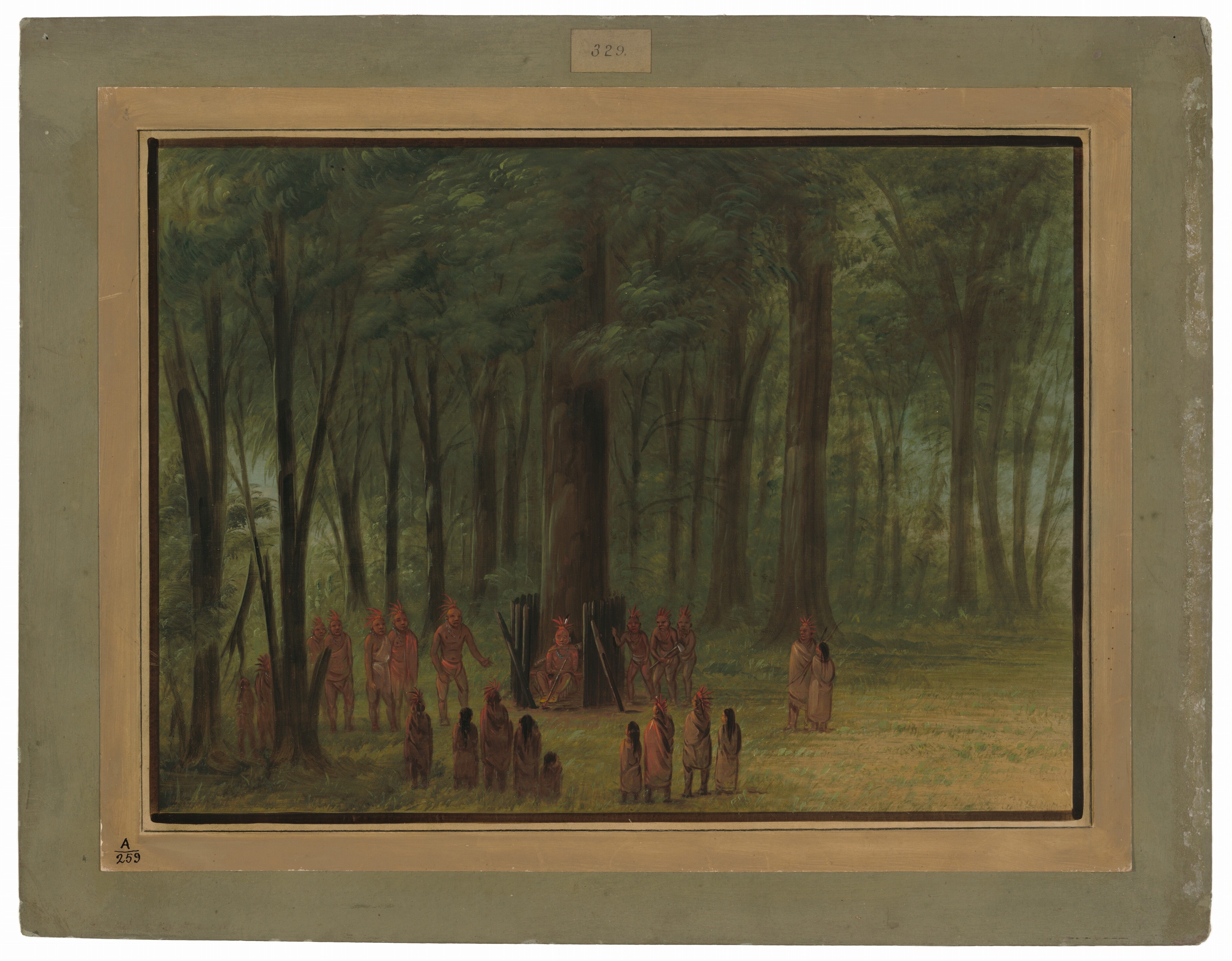 The image shows a forest scene with a thick canopy of tall trees. A group of stylized figures are gathered around an area framed by trees and partially obscured structures. The brushstrokes are fine and detailed, especially in the depiction of trees and foliage. The color palette consists of earthy tones of greens and browns with subtle variations capturing the filtered light. The gathering conveys a focused subject amid the natural setting, with figures adorned in attire suggesting a cultural or ceremonial context.