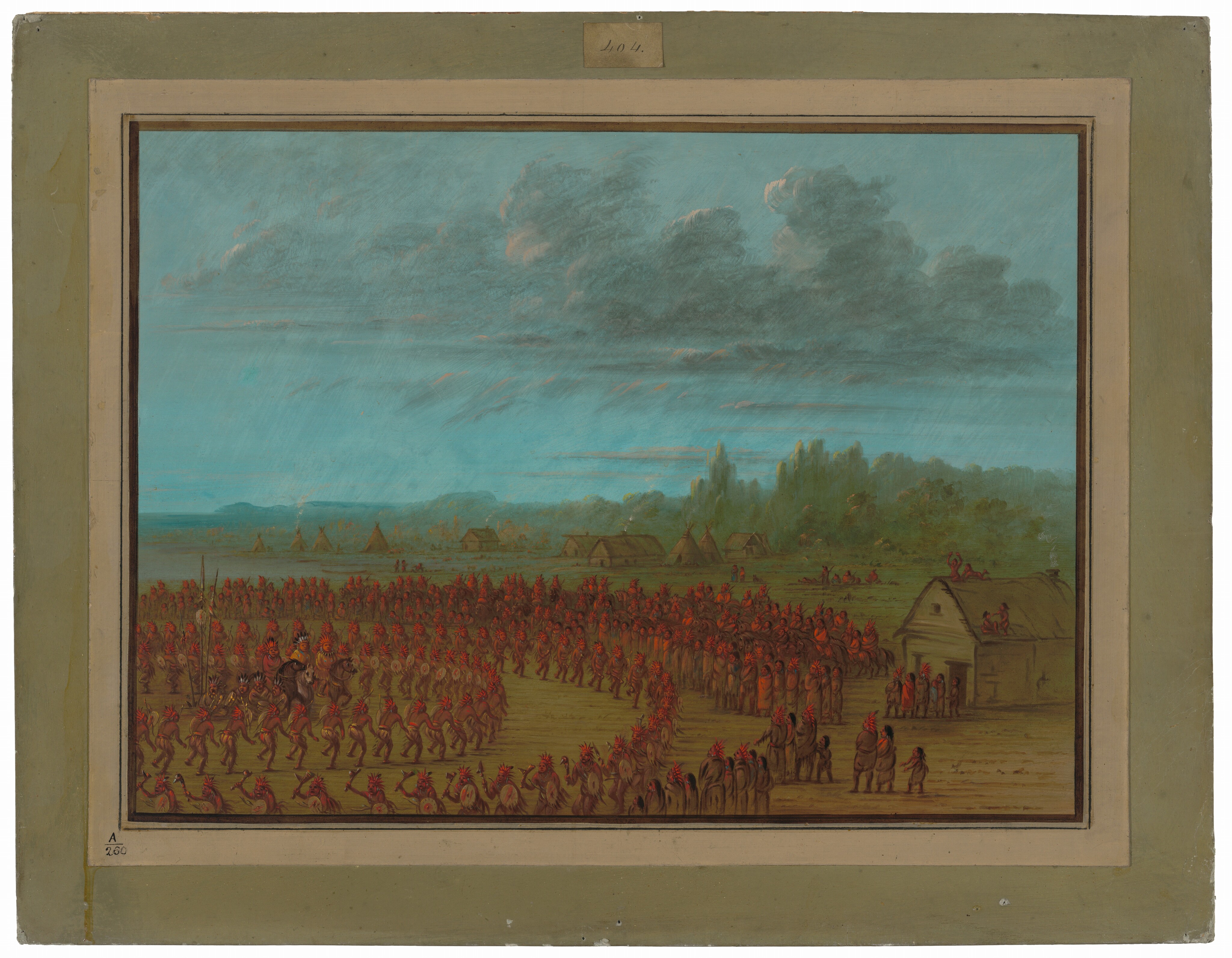 The painting depicts a scene from an elevated point of view, showing a gathering of people. The horizon is visible above the midway point of the image, with teepees, small buildings, and trees in the background. A group of individuals wearing red headdresses is gathered in a circular pattern, engaging in a dance or ritual. A horseback rider is present, possibly leading the event. In the distance, figures are near a small cabin-like structure, with others gathered on the roof. The brushstrokes are precise, capturing the shapes and details of the scene. The color palette consists of earthy tones, red headdresses, and a blue sky with clouds.