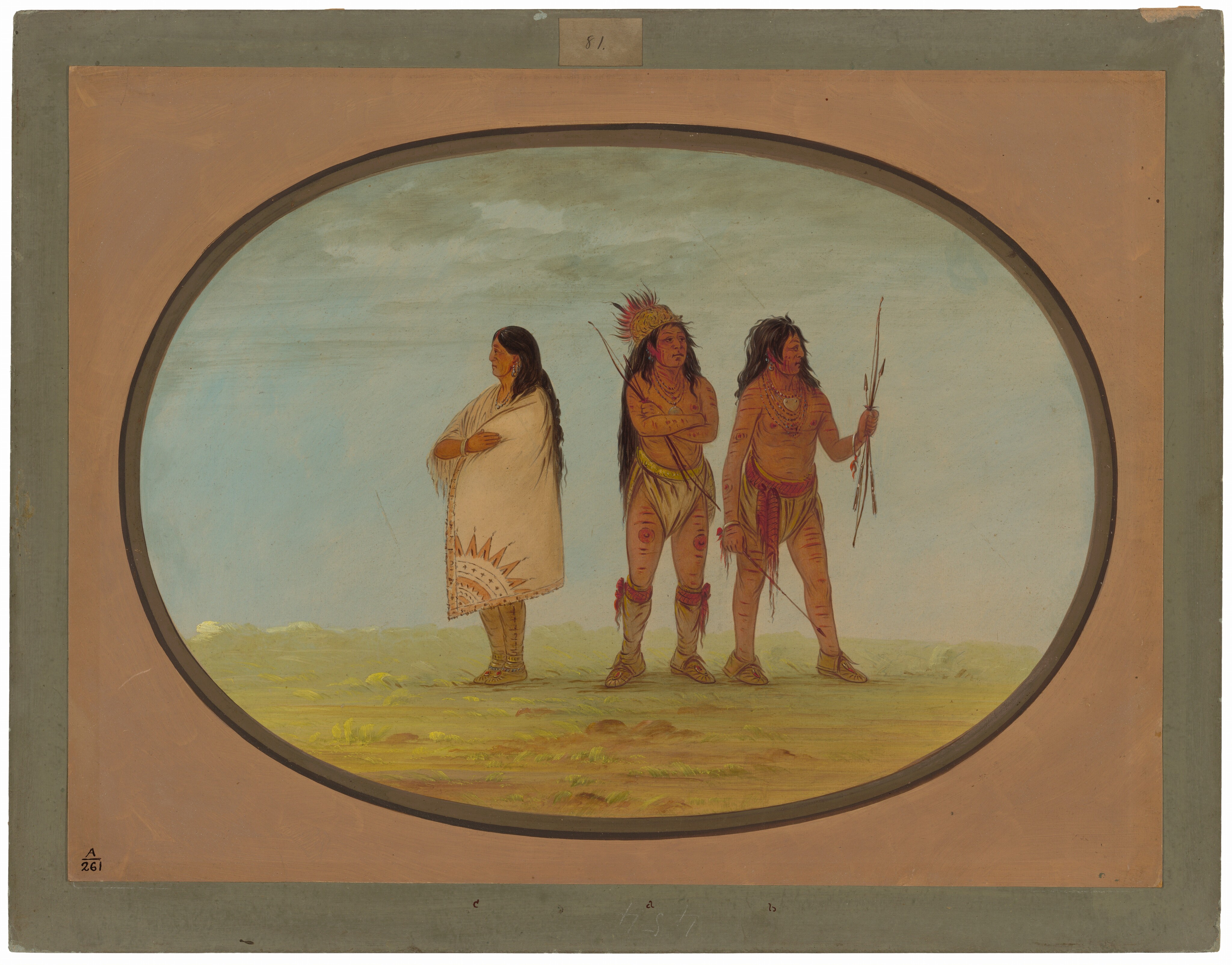 The image depicts three individuals standing in a natural setting. The first person, on the left, wears a garment with a sun-like pattern along the hem and has long, dark hair. The second and third individuals, partially clothed with torsos exposed and wearing jewelry, have markings on their legs and long, dark hair. The central individual wears a feather headdress and crosses their arms, while the person on the right holds a bow and arrows. The background shows rolling hills under a cloudy sky in soft pastel colors.