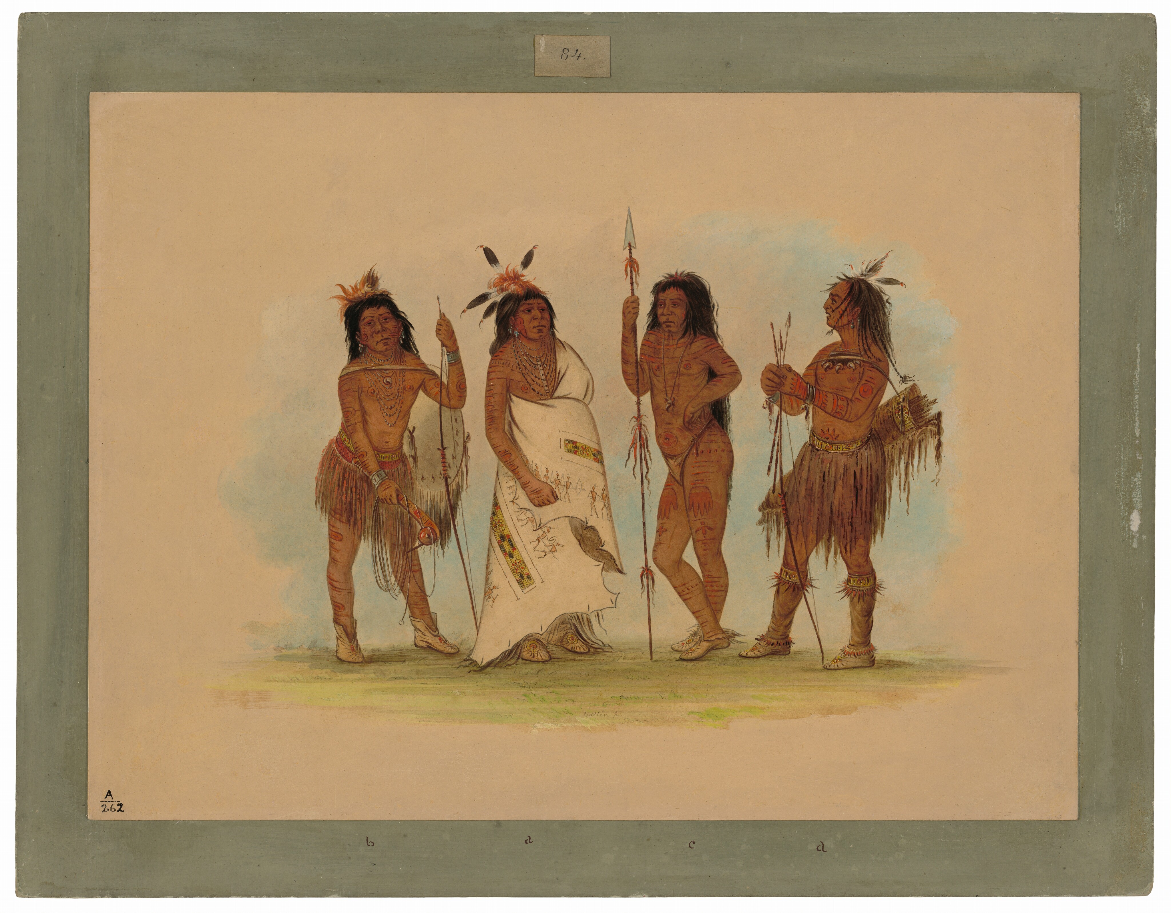 There are four individuals shown standing in a line. Three individuals are facing each other, while one is slightly turned to the side. The central figure is wearing a wrapped garment with a decorative belt and fringed details, while the others are wearing lower body covering attire with exposed upper bodies. Each person is adorned with body paint, feathers in their hair, and has long, dark hair. Their facial features are detailed. One person is holding a spear with feathers, another has a bow and arrows in a quiver on their back, and the remaining two individuals are holding staffs or spears. The background is a neutral hue with grass beneath their feet.
