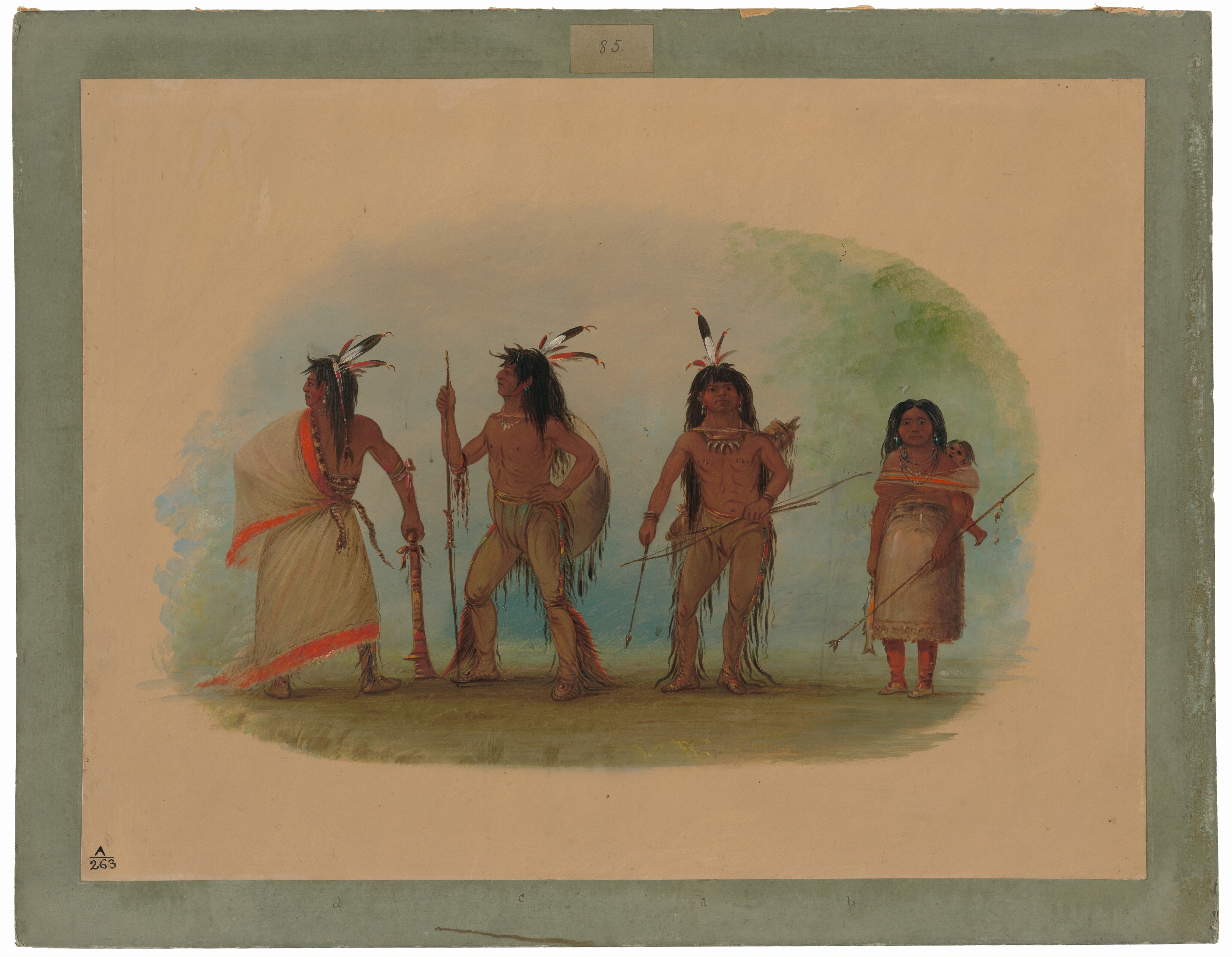 The image shows four individuals standing. Two figures on the left are men in traditional clothing with feathered headdresses. One is in a red-bordered blanket and the other wears leggings and a sash with spears/staffs. The figure on the far right is a woman holding a baby in a cradleboard, wearing a skirt and shawl. Another male figure in the center wears leggings and holds a bow. The background is lightly painted in blue and green, suggesting a natural setting, with the figures standing on grass.