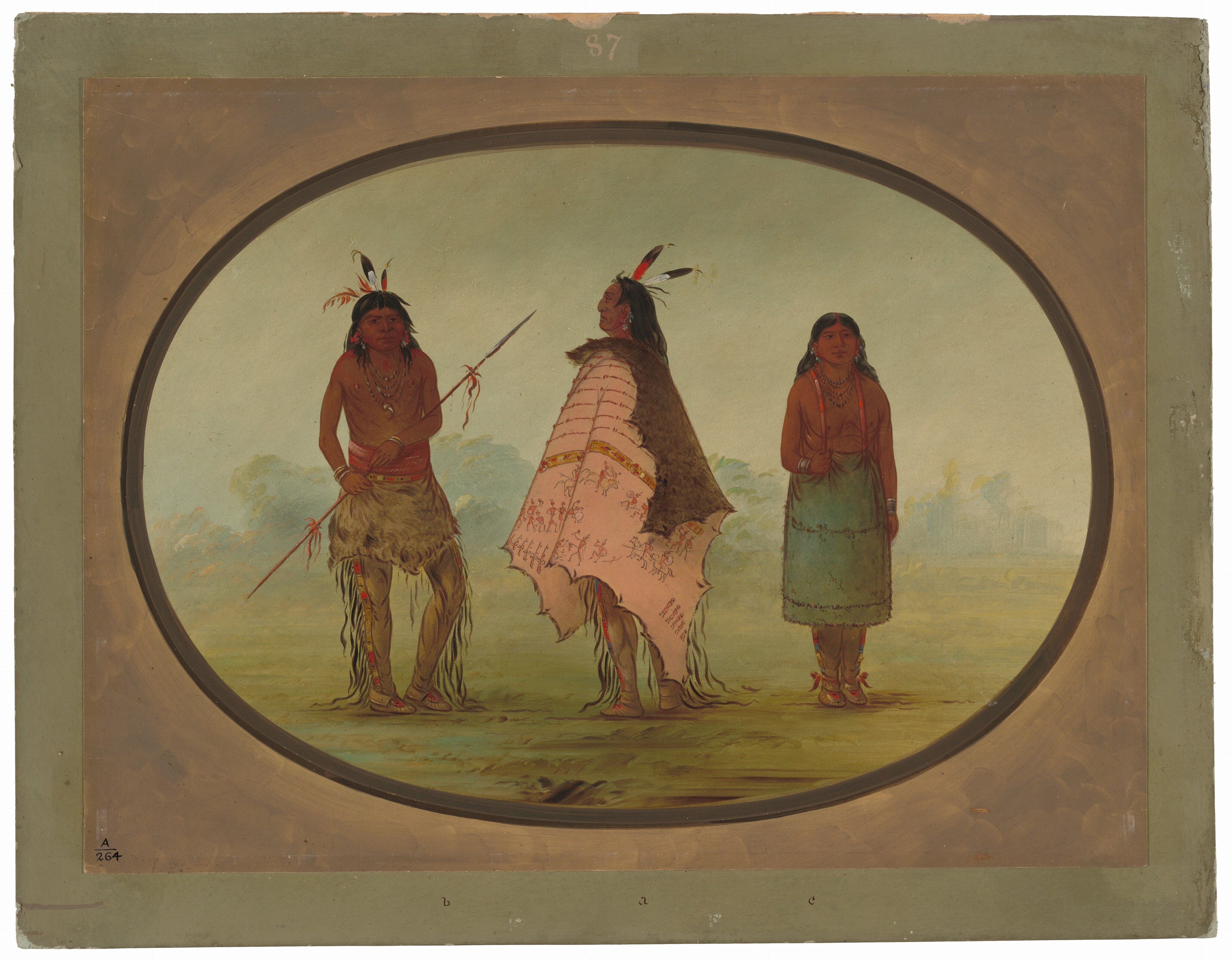 The image shows three individuals depicted in full body within an oval frame. The person on the left is standing slightly to the side, holding a spear, with their head turned towards the center figure. They have long, dark hair adorned with feathers and wear minimal clothing consisting of a wrapped skirt made of soft material. The middle figure stands facing to their left, draped in a rich brown fur cape and a colorful, patterned pink garment with detailed designs. This person also has long hair with feathers. The person on the right is positioned forward and is dressed in a long-sleeved reddish-brown top and a blue-green skirt, their long dark hair is styled with intricate braiding. Each of the individuals wears beaded jewelry, such as necklaces. The background is a soft landscape with blurred green foliage and a cloudy sky, set within a neutral-toned border.