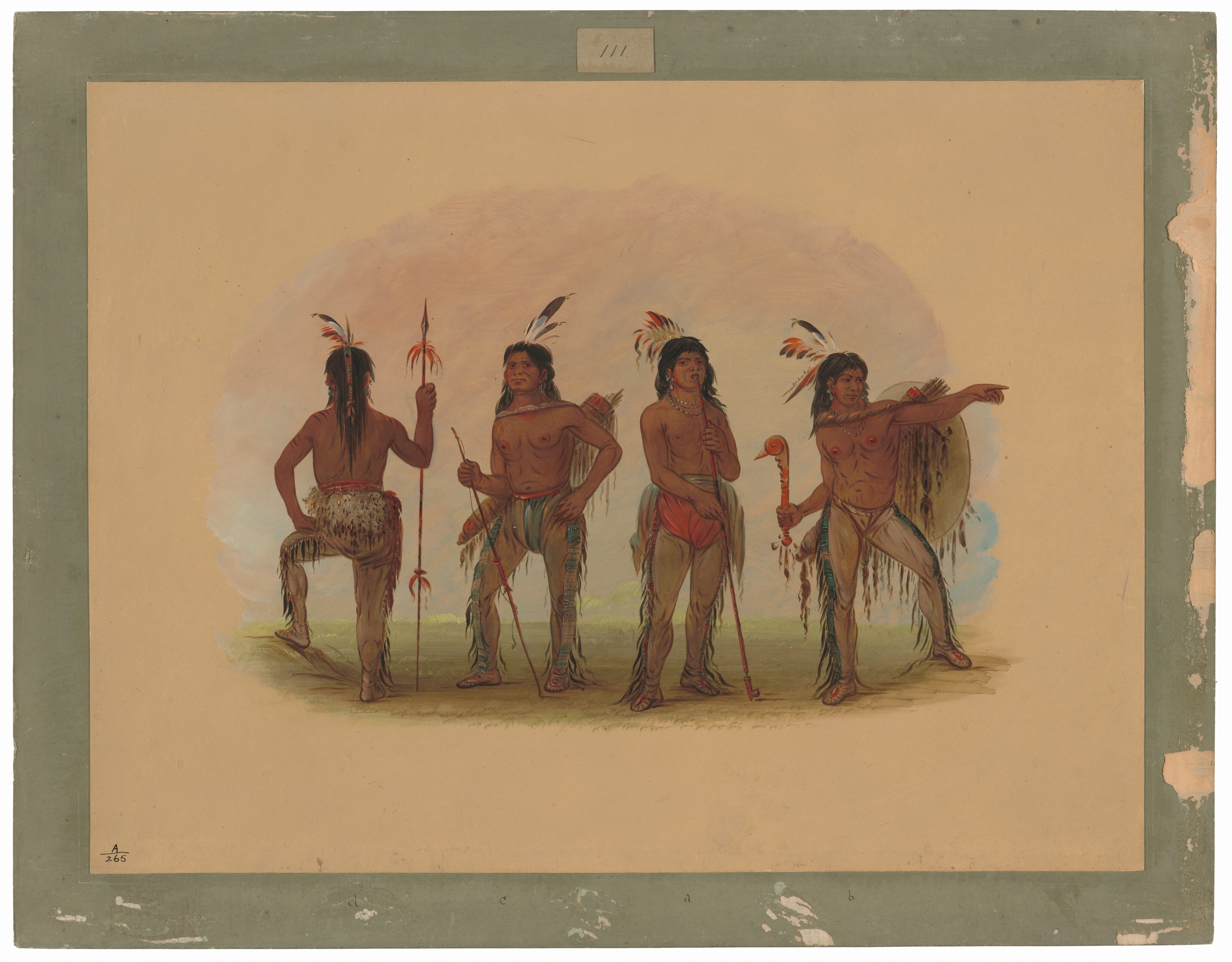 The image features four men shown in full-body view. The man on the left stands with his back to the viewer, propping one foot on a rock or mound, leaning slightly forward while holding a spear. He wears a fur garment around his waist. The second man faces the viewer directly, holding a spear in his left hand. The third man stands facing forward but with his body turned slightly sideways, holding a ceremonial staff, with one hand on his chest. The fourth man turns to the right, gesturing with his arm extended, holding a round shield in the other hand and wearing leggings with fringed detail. All the men wear similar hairstyles, long and dark, with feathered adornments. Each is shirtless, highlighting muscular torsos, and they wear accessories such as necklaces or feathers. The background is a simple, subtly colored wash, providing an earth-toned contrast to the figures, with a plain border framing the entire composition.