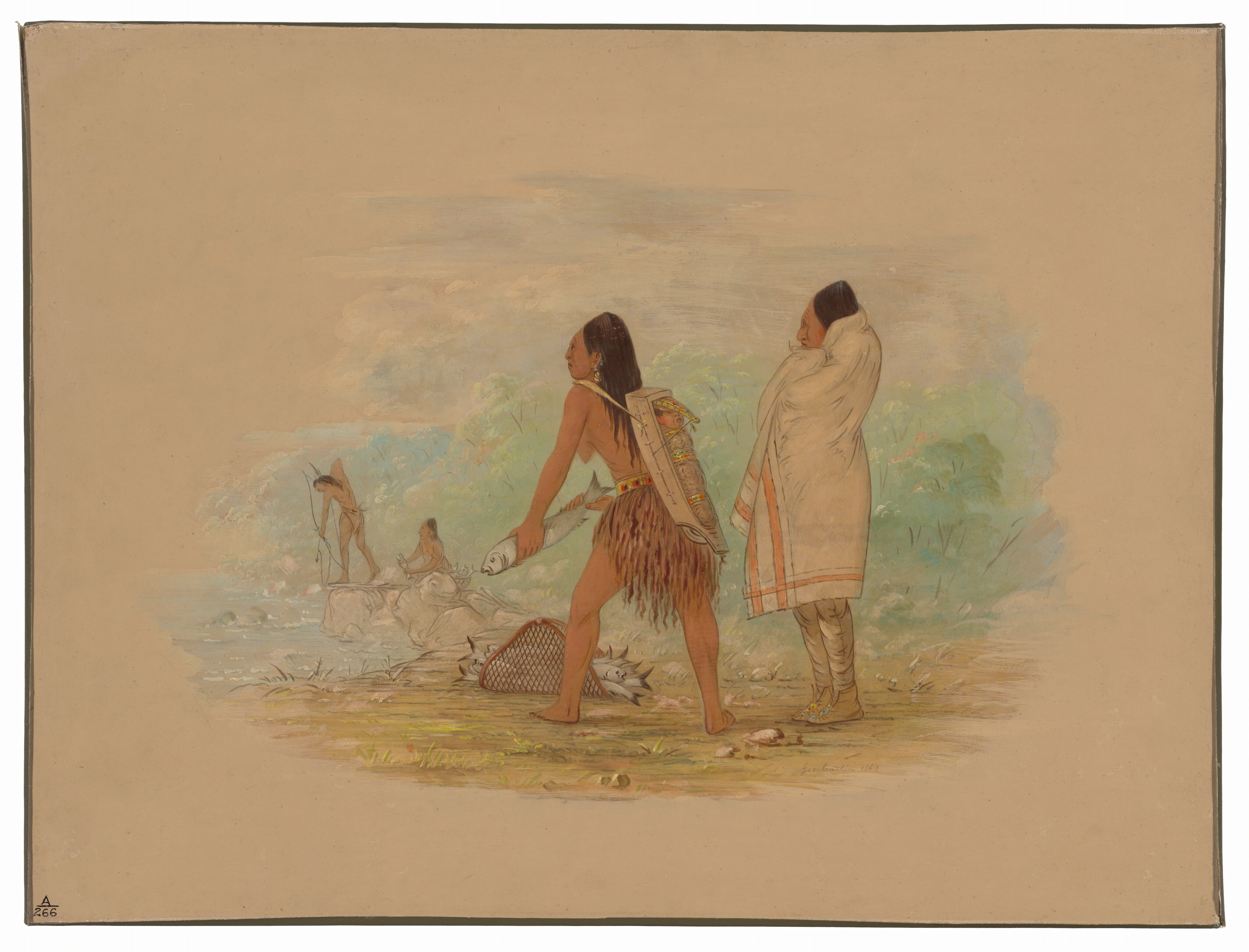 This painting shows four people standing by the edge of a body of water, with two of the people close to us and two farther away. They are all facing the left, towards the pale blue water that is framed by large gray rocks. In the pair closest to us, a person is standing with one leg forward, holding a large fish in both hands. They have long, dark hair, and they are wearing several earrings in their visible ear and a skirt made of thin strips of brown fringe or fibers with a colorful yellow-and-red belt. Hanging on their back is a child in cradle, swaddled in tan cloth decorated with colorful yellow bands. Behind them stands another adult who is wrapped in a light-colored blanket with a red stripe along the edges. Below the blanket, they wear tan pants and tan shoes with small dots of yellow, blue, and red. Beside these people, on the grassy ground, is a basket of gray fish. The pair that is farther away is painted with less detail, but one person appears to stand and fire an arrow into the water, while the other sits next to a basket of fish, holding one of the fish up. All of the people have light brown skin and long, dark hair. The setting appears to be outdoors, with a blurred background in shades of green and blue. The painting is surrounded by a border of off-white paper.