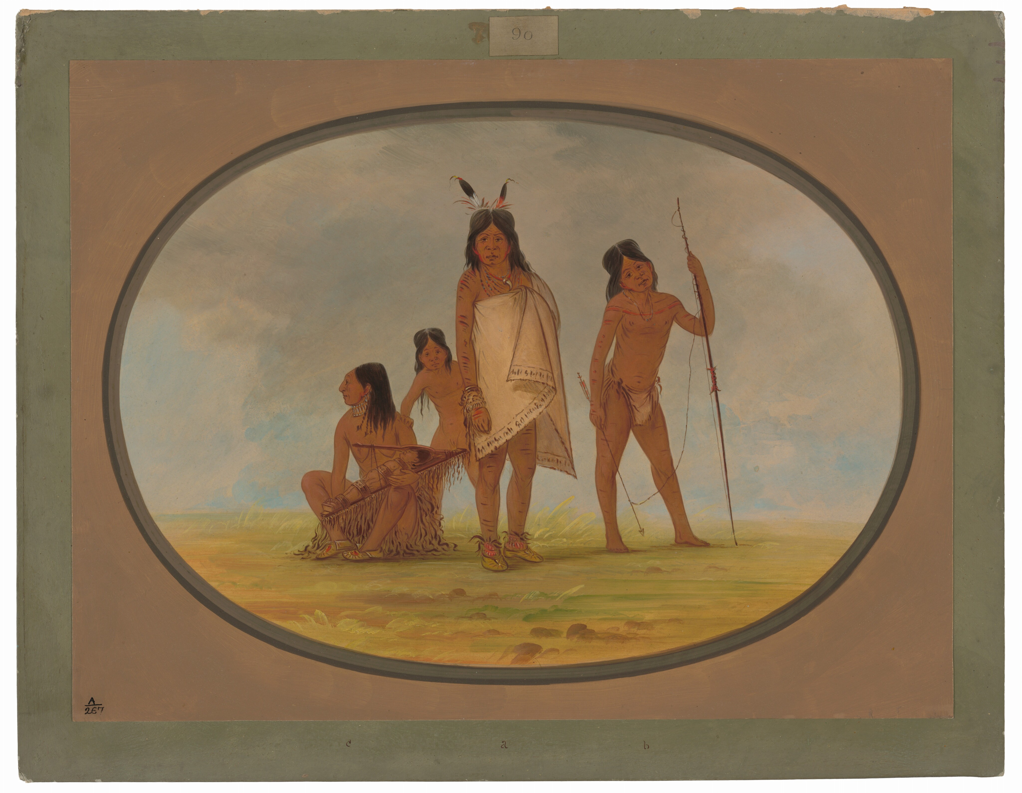 The image shows four Native American individuals. Three of them are standing, with one kneeling or sitting on the ground. The central figure, a woman, is standing upright and covered with a draped cloth. Her hair is long and is decorated with two feathers. A young child is standing next to her, visible from the waist up. To the right, a man stands holding a spear in one hand and has a bow slung over his shoulder. His long hair is styled back, and he wears minimal clothing, with a piece of cloth wrapped around his waist. On the left, another figure is seated, holding a wrapped bundle. This seated figure has long hair and appears to be looking at the ground. The figures are barefoot, and the background is a natural landscape with grass and an open sky, featuring soft clouds.