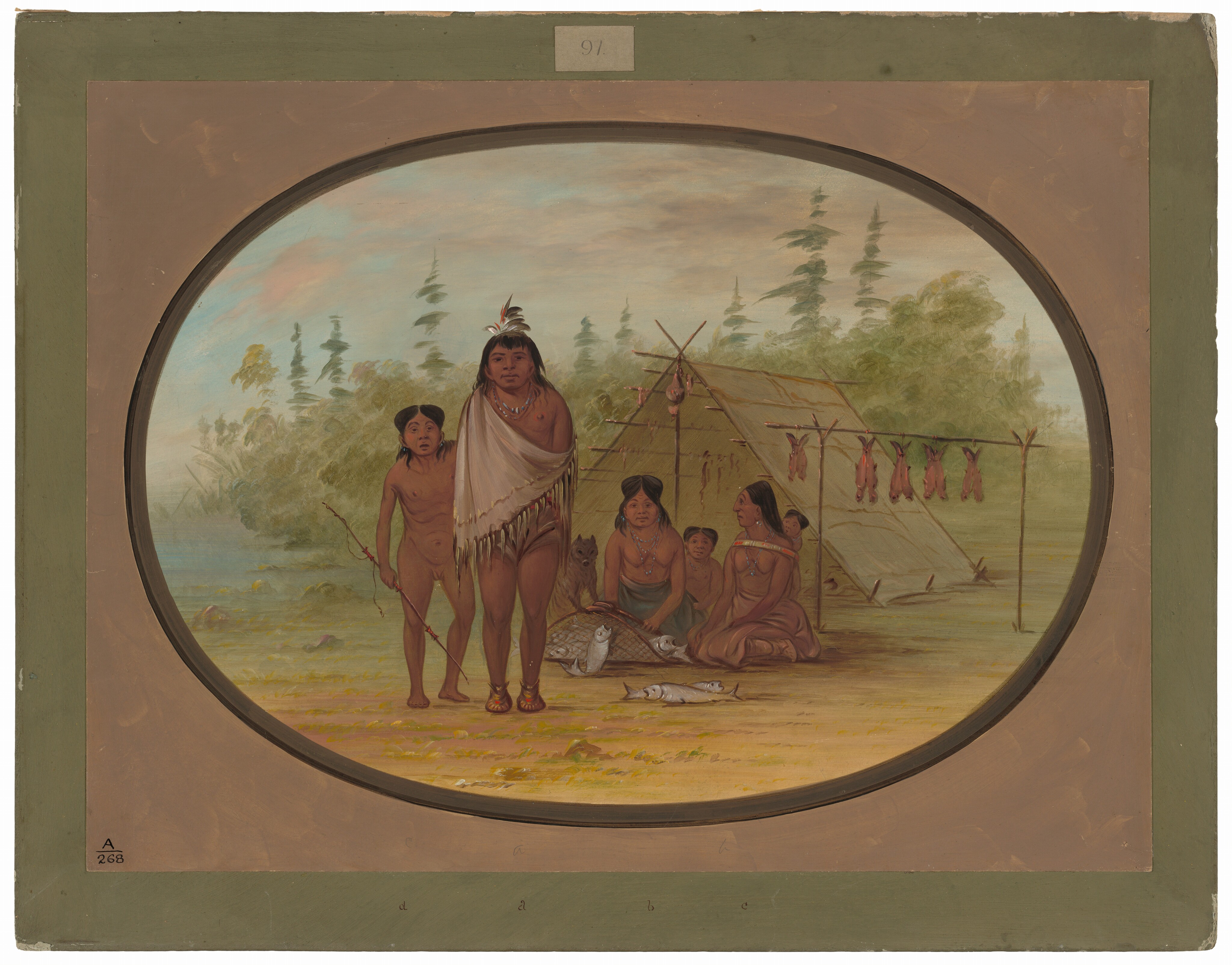 The image shows a group of Indigenous people outdoors near a tent-like structure. One person stands at the center wearing a shawl, necklace, and feathered headpiece. Others are sitting or standing nearby, with a child holding a small stick. In front of them are fish, and in the background, fish are drying on a line near the tent. The setting is a forest with tall trees under a sky.