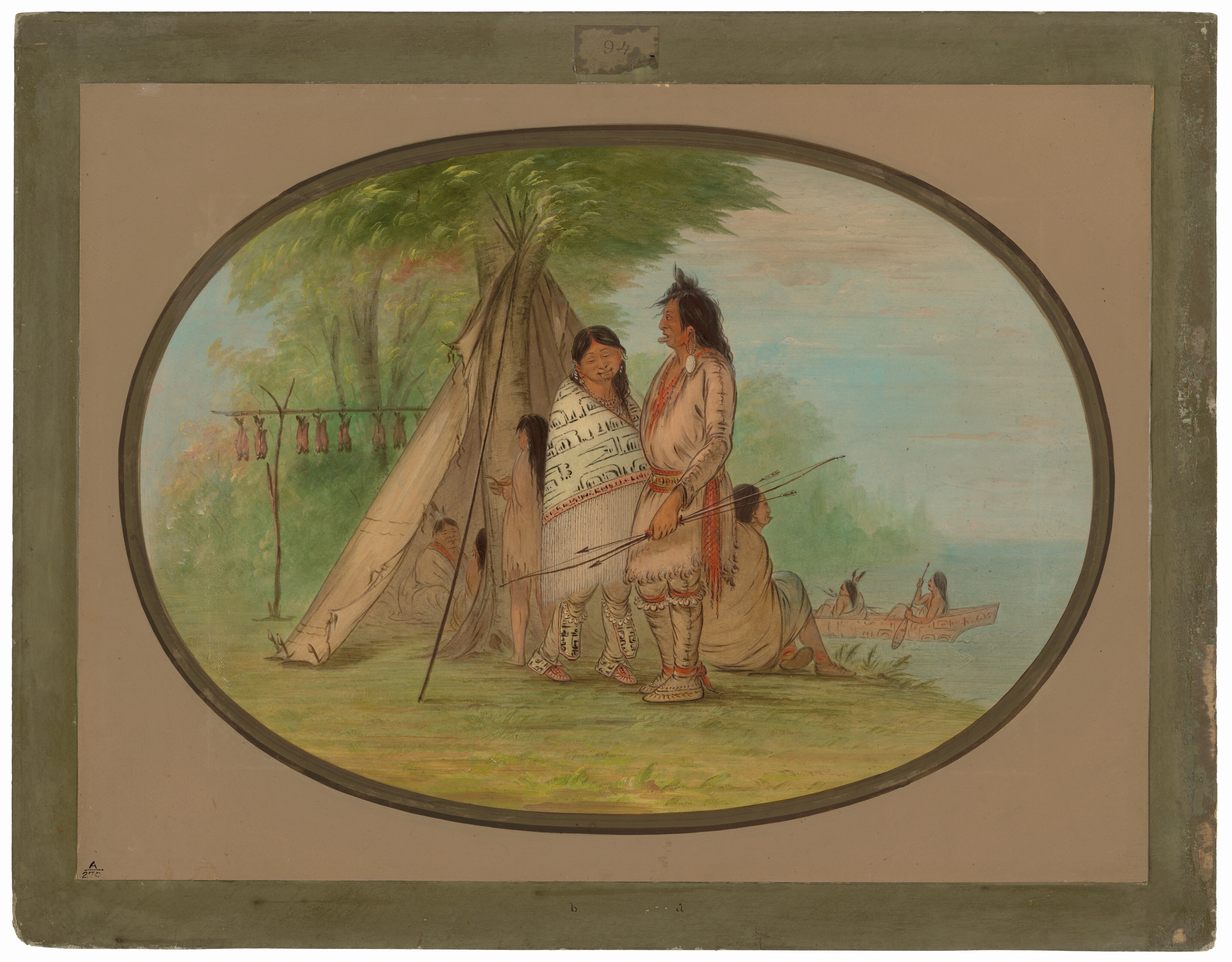 The image shows a teepee and a canoe near a river. The teepee is in the foreground, with its canvas fluttering gently. A canoe is on the water to the right, under a sky with soft pastel tones. Lush trees frame the scene in the background. A rack near the teepee displays items hanging from it. The ground is vibrant with the rustic colors of grass. The style is reminiscent of George Catlin.