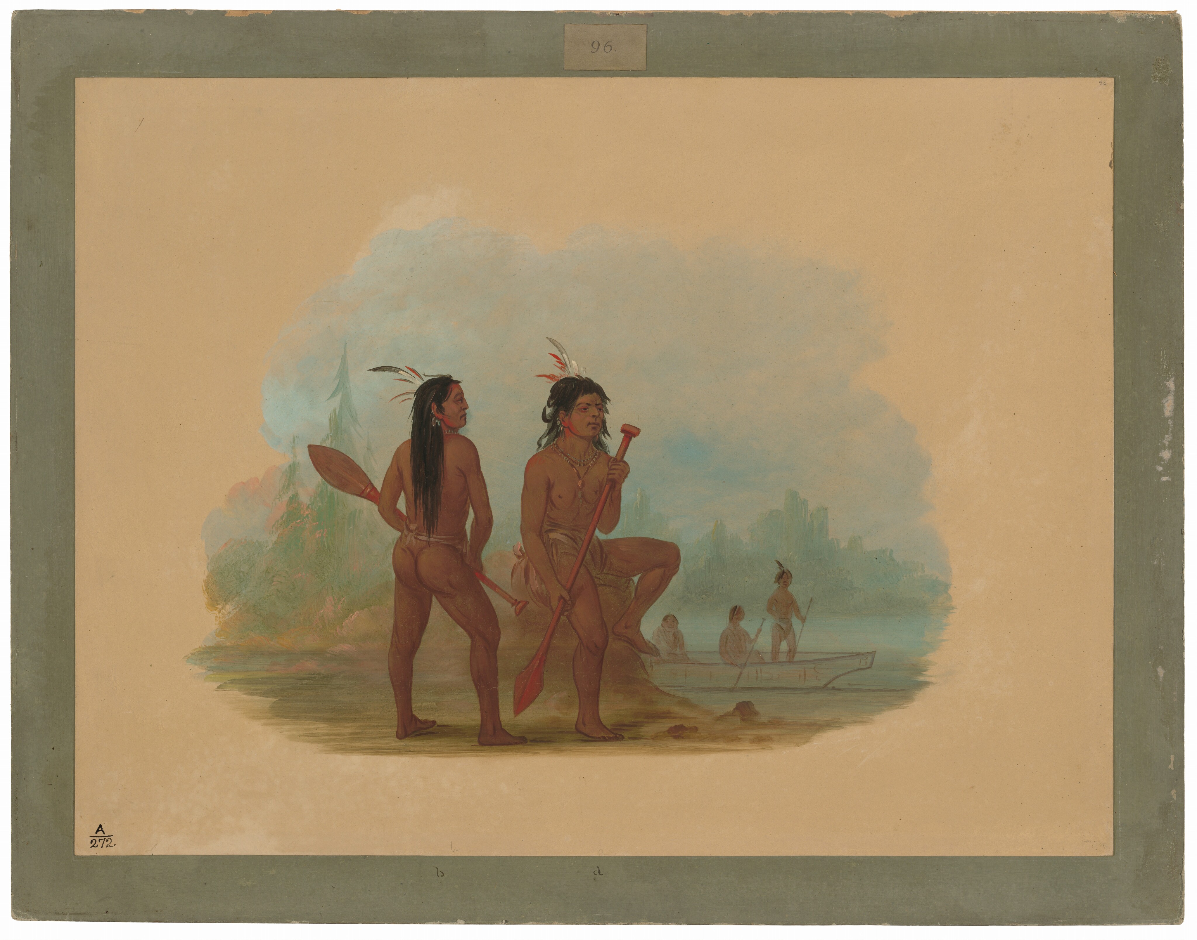 The image shows two standing male figures in a full body view. One man stands with his back to the viewer, holding a paddle, while the other stands in profile with one leg bent and resting on a small rock, also holding a paddle. Both men have long, dark hair adorned with feathers and facial features include high cheekbones and strong noses. They appear focused on something in the distance. Each figure wears minimal clothing, consisting of loincloths. The scene includes other figures in the mid-ground seated in a canoe upon a body of water. The background consists of a soft, scenic depiction of foliage with trees and a misty horizon.