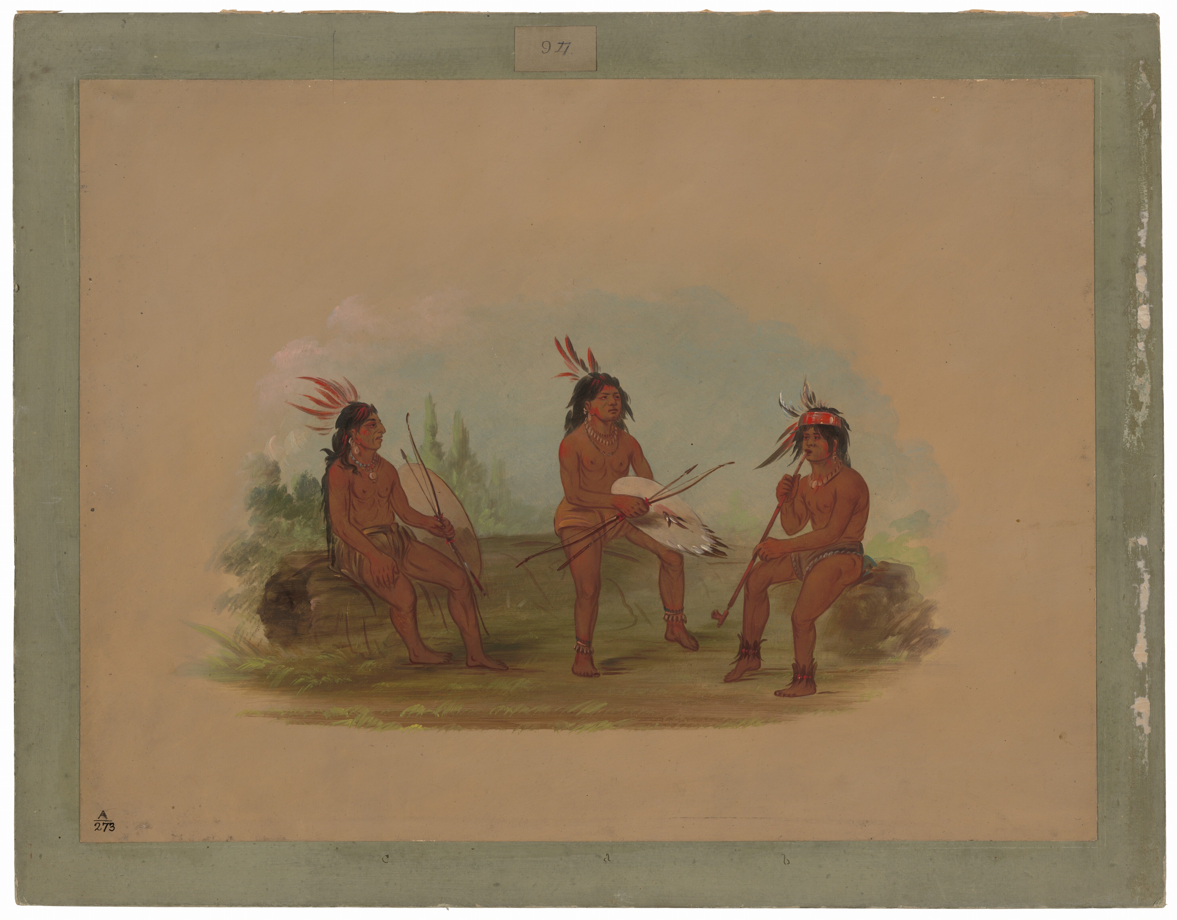 The painting depicts three men seated on the ground. The man on the left is seated on a log with one leg over the other, holding a bow and a shield. He has long dark hair adorned with red and white feathers. The central figure is seated on the ground, holding a feathered fan and arrows, with a similar headdress made of red and white feathers. On the right, the third man sits on a rock, leaning slightly forward, holding a stick with both hands. His headband incorporates red and white feathers, and he wears beads around his neck. All men are minimally clothed, wearing what appears to be traditional attire. The background shows a simple landscape with hints of greenery, suggesting grass and distant trees under a subtle, lightened sky. The overall setting appears natural and serene, composed mostly of earthy tones.