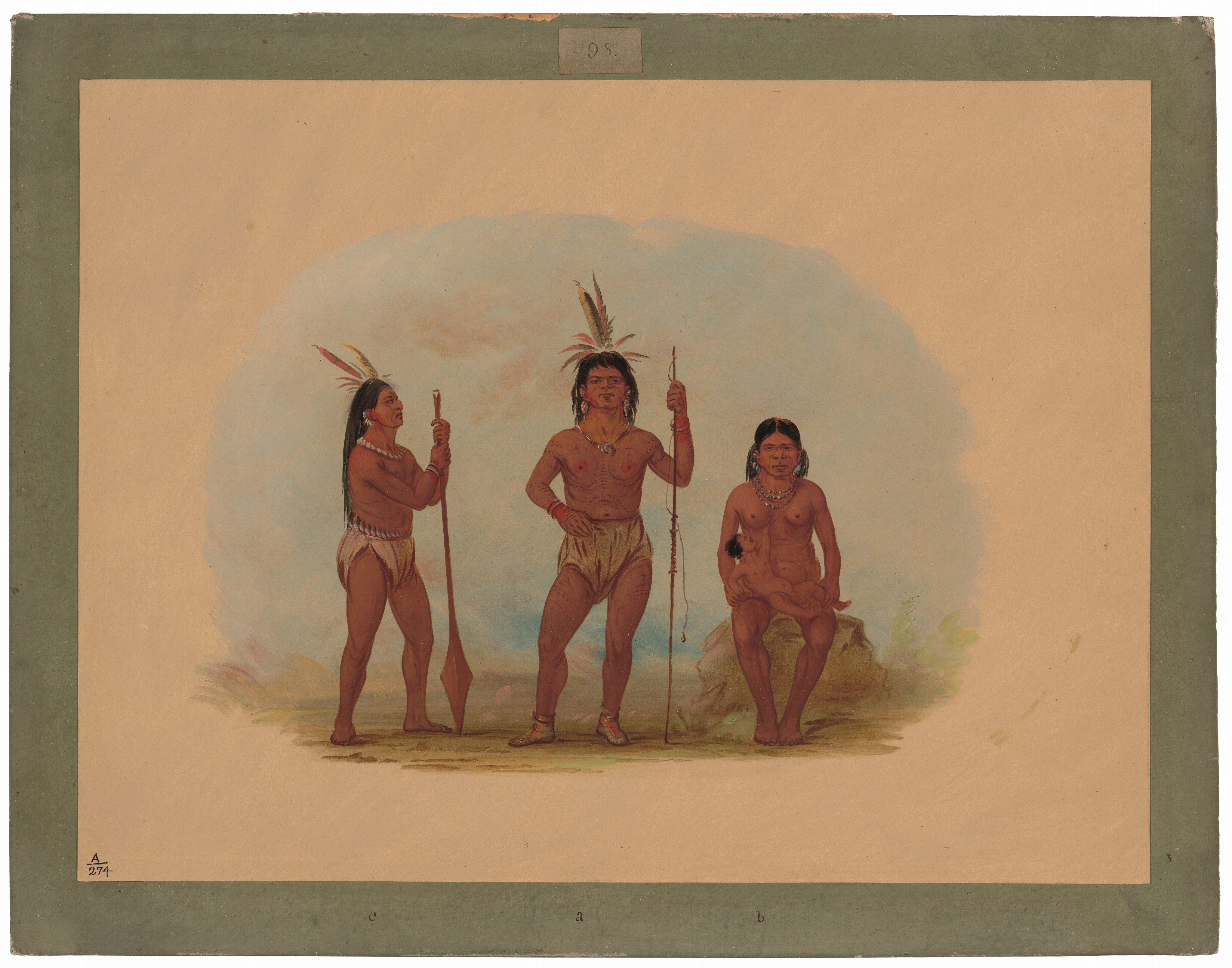 Three figures are depicted in the image. The central figure stands upright, facing forward, holding a staff. They have high cheekbones, dark eyes, and straight black hair with feathers. They wear a loincloth and a necklace. To the left, another figure stands in profile, holding a paddle-like object. They have a similar facial structure and wear feathers and a necklace. The figure on the right is seated on a rock, looking forward. They wear multiple necklaces. The background has a pastel gradient and a green border with a label marked '95'.