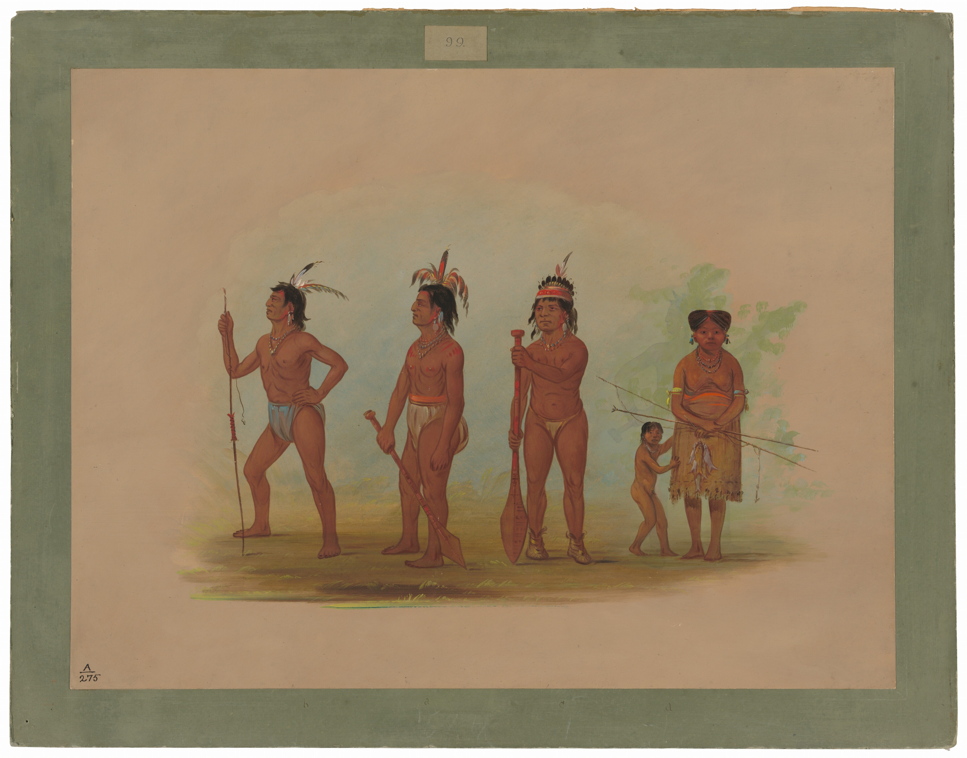 The image shows five individuals standing in a line on a flat terrain with a soft, neutral background. Starting from the left, there is a male figure with short dark hair holding a spear, another male figure with feathers in his hair holding a paddle or club, a male with a feathered headdress and a red band across his forehead, a female in a skirt with beaded accessories holding arrows, and a small child standing beside her.