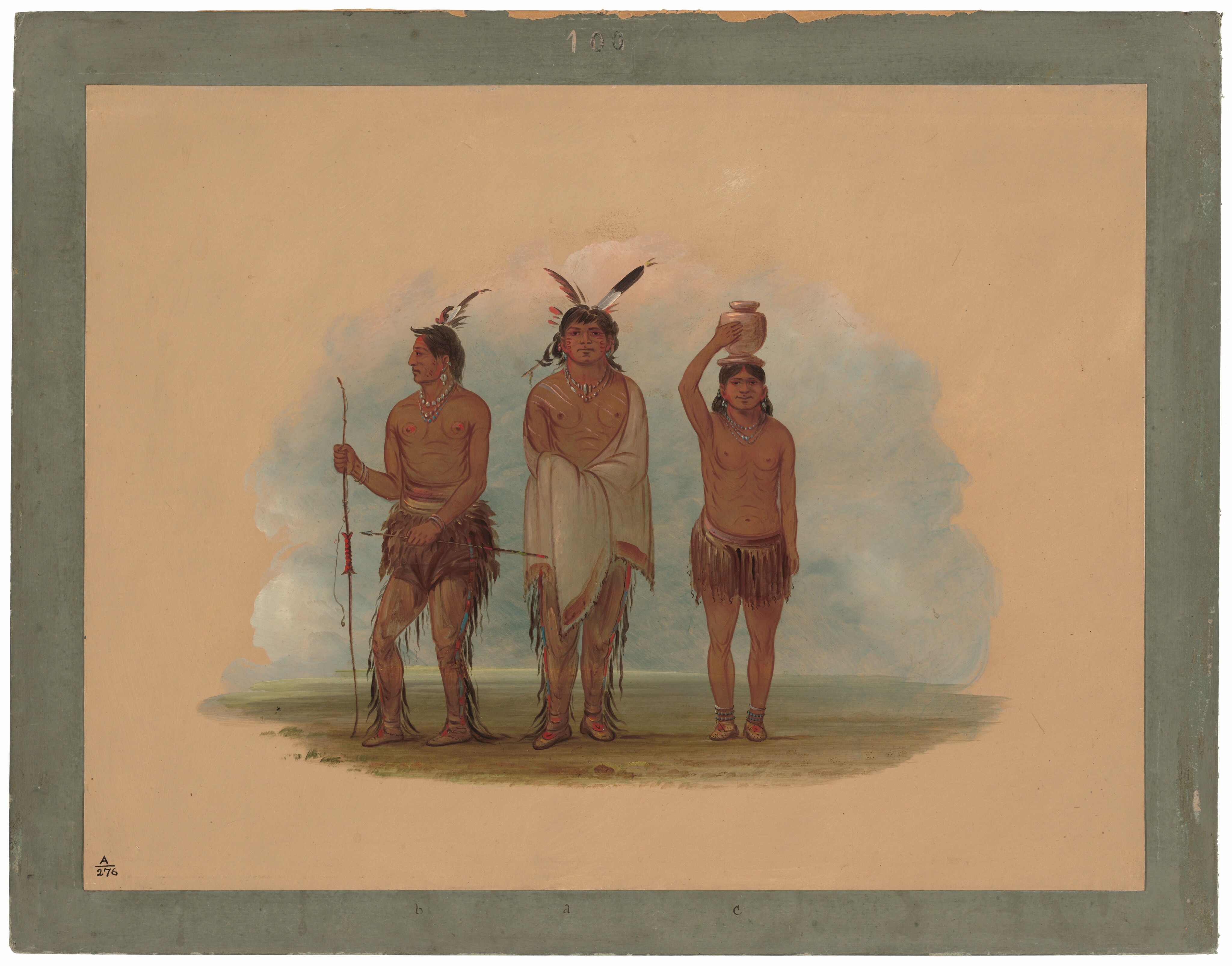 This painting shows three individuals standing side by side. The individual on the left is shirtless, wearing a fur-like loincloth over fringed trousers and holding a long bow and an arrow. The person in the middle is wearing a cream-colored shawl over similar fringed trousers. The individual on the right is also shirtless and wears a fur-like skirt, but doesn’t appear to be wearing trousers. They have a pot or vessel on their head. All three of the people have light brown skin and dark hair. The two people on the left have long feathers adorning their hair and seem to have red markings on their faces. All three of the people have necklaces and earrings. The background shows a grassy plain and a light blue sky. The painting is surrounded by off-white paper and a pale-blue border.