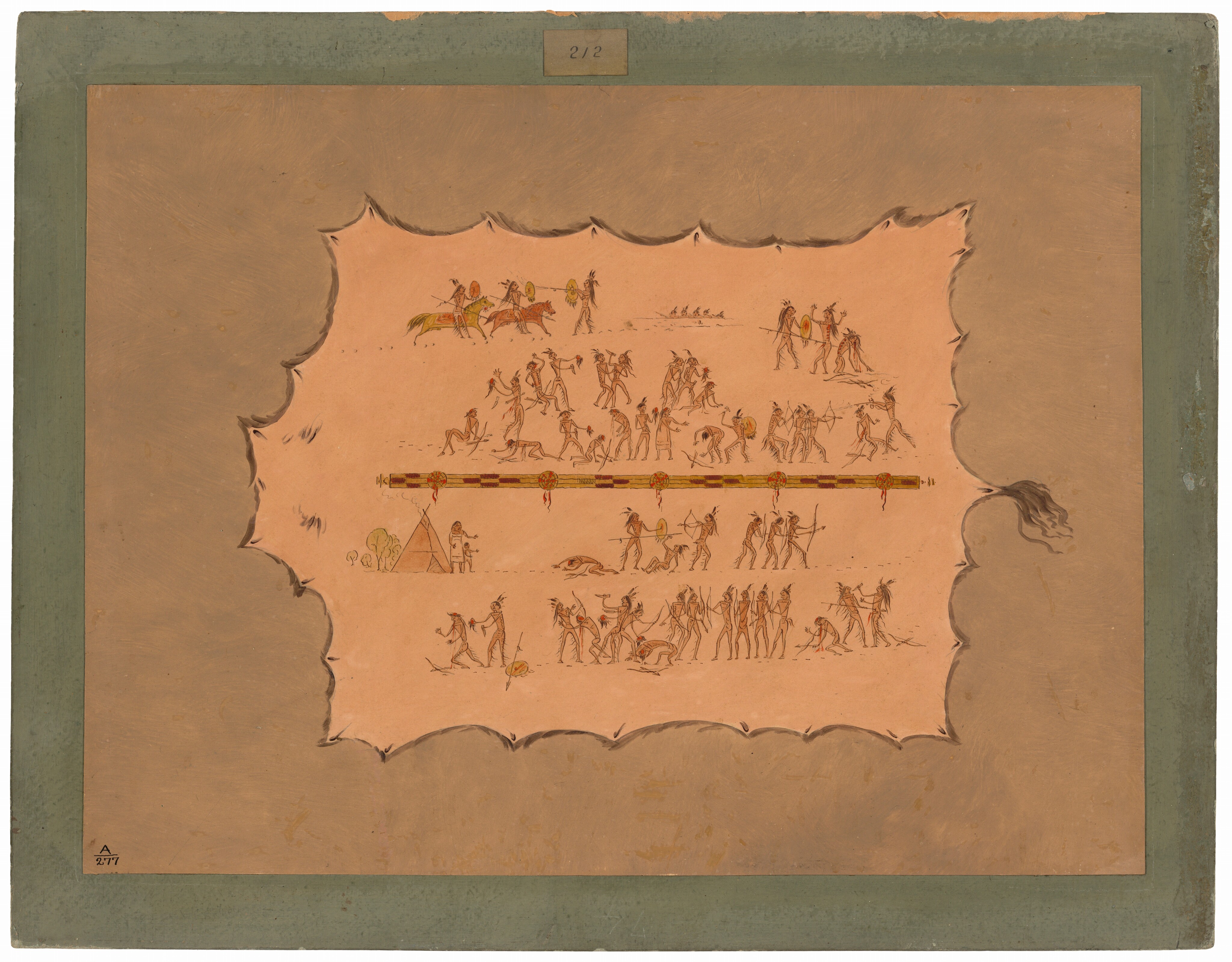 This is a painting of various stick-figure scenes depicting battles, daily life, and rituals on a textured canvas resembling animal hide. The image is organized in several horizontal registers, each portraying different narratives. In the topmost register, figures on horseback are engaged in combat. Below, there are multiple groups of figures interacting in scenes. The lower registers continue with more figures in dynamic poses, possibly illustrating rituals or ceremonies. The central area of the painting has a horizontal bar adorned with feathers or tassels. A small conical shape resembling a lodge or tipi is depicted on the left side of the middle section. The entire piece is surrounded by a greenish-brown border resembling a frame.