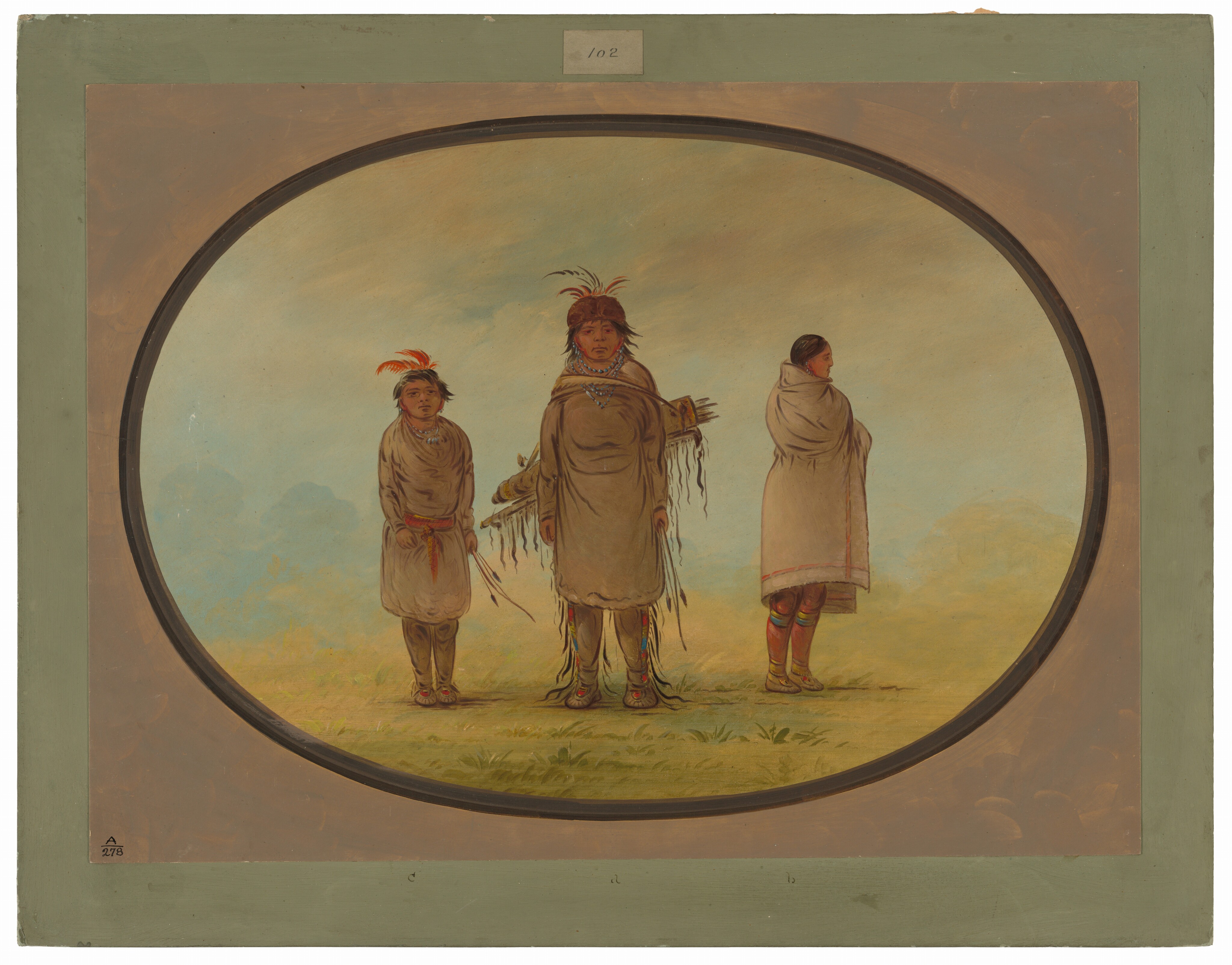 Three individuals are depicted in a grassy outdoor area. The person in the center is facing forward, wearing a beige garment with fringe details, a necklace, and a feathered headdress. They hold a decorated object. To the left, a slightly smaller individual stands wearing a similar outfit with necklaces and a red cloth belt. This person also wears a feathered headdress. To the right, another person is shown turned sideways, wrapped in a beige cloth or blanket with long dark hair tied back. Each person wears moccasin-style footwear and colorful striped leggings. The background shows a softly painted sky with hints of clouds and distant greenery.
