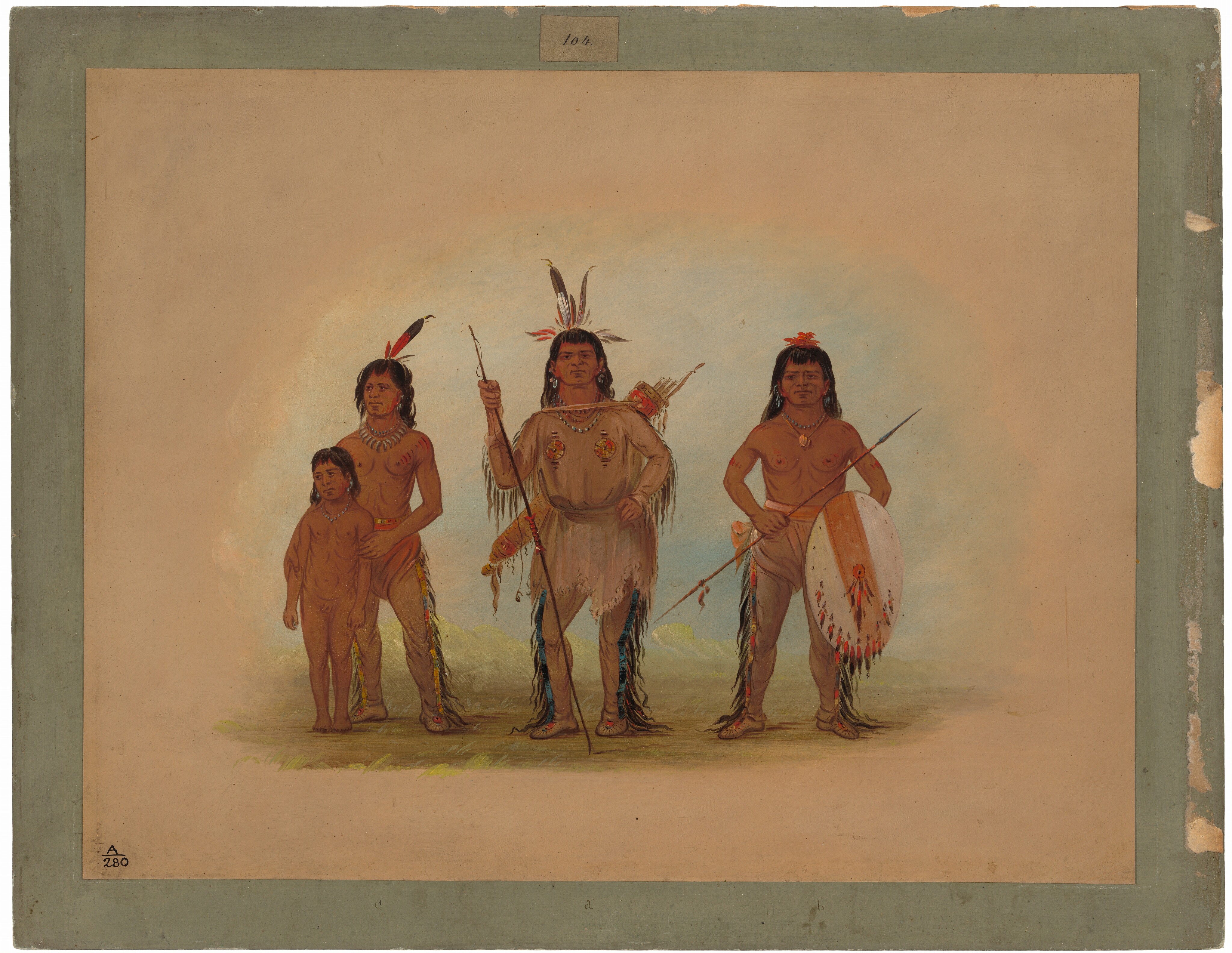 The image depicts four individuals standing in a row. The person on the left is holding a child, the two adults on either side have neutral expressions and are standing confidently, and the central figure holds a staff. Each individual has long, dark hair adorned with feathers, and is dressed in traditional clothing made from natural materials. Some wear beaded necklaces. One person holds a shield, while another carries a quiver of arrows. The background is a neutral gradient, resembling an open space.