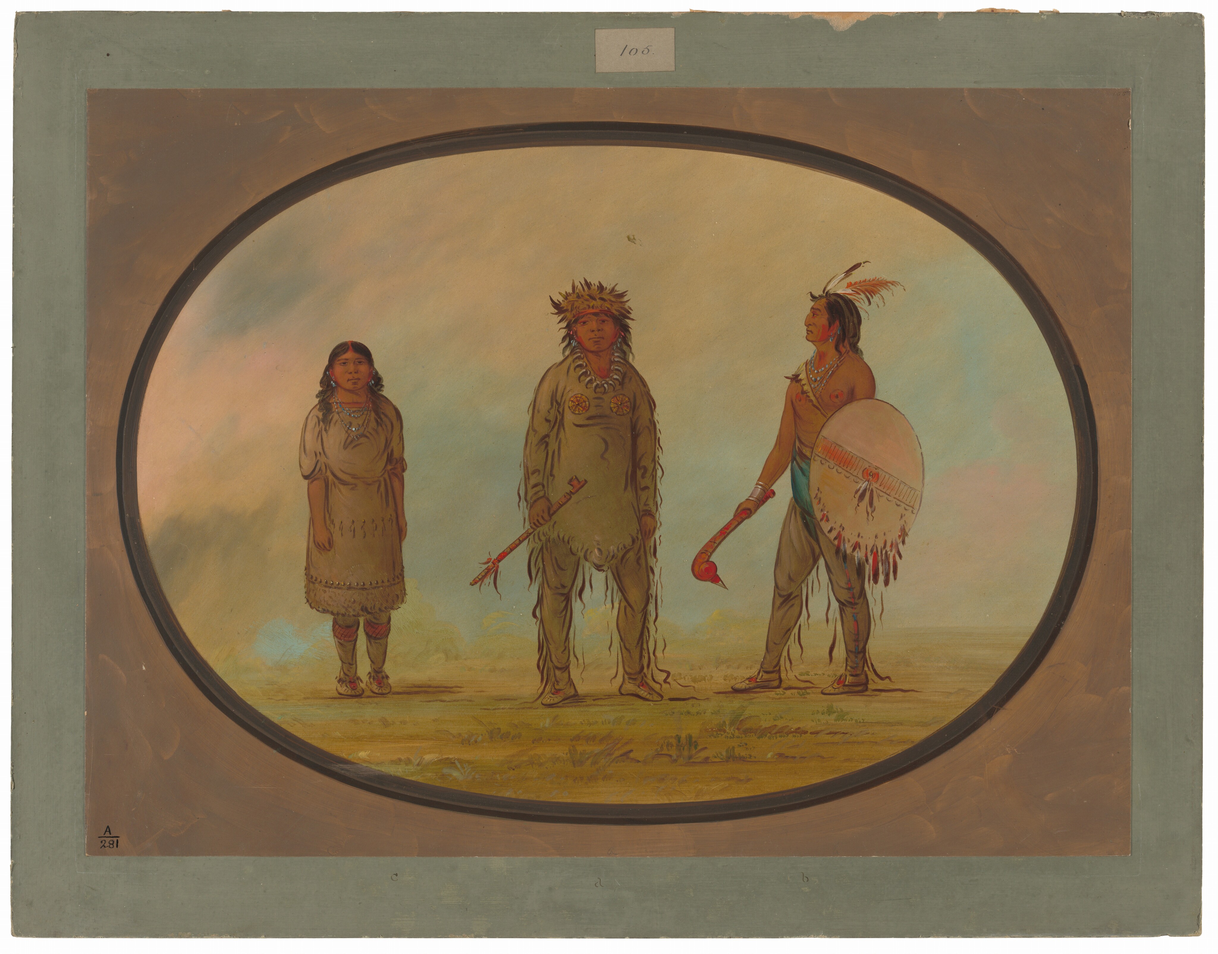 The image shows three individuals standing in full length facing the viewer. On the left stands a woman with dark hair, wearing a brown fringed dress with red leggings. The middle figure, likely a man, wears a beaded garment and a headpiece with feathers. He holds a stick or staff. The figure on the right, also likely a man, wears a feathered headdress, a beaded necklace, and an arm band. He is bare-chested with a blue cloth covering his lower body, grey leggings, and holds a painted shield and a ceremonial club. The background features a softly painted horizon within an oval border.