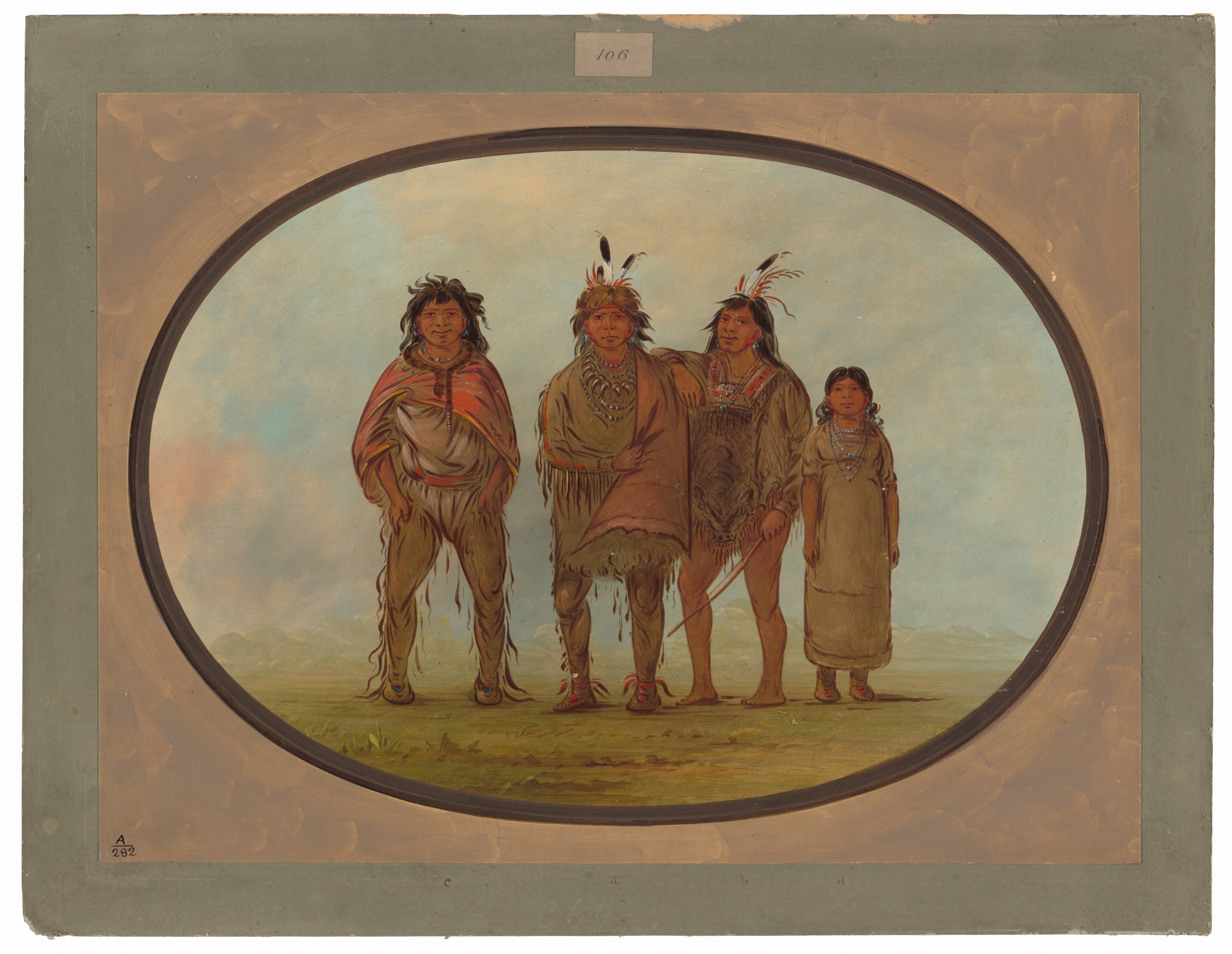 The image shows four individuals standing side by side. The first person on the left has long dark hair and a round face. They wear a fringed garment with a draped shawl. The second person also has long hair and wears a headdress with feathers, a fringed tunic, and moccasins. The third individual has long hair with feathers, wears a tunic with geometric patterns, and holds a long stick. The fourth person, a child, stands on the far right, wearing a dress and beaded necklaces, with long hair adorned with beads. The background shows a vast landscape with a cloudy sky.