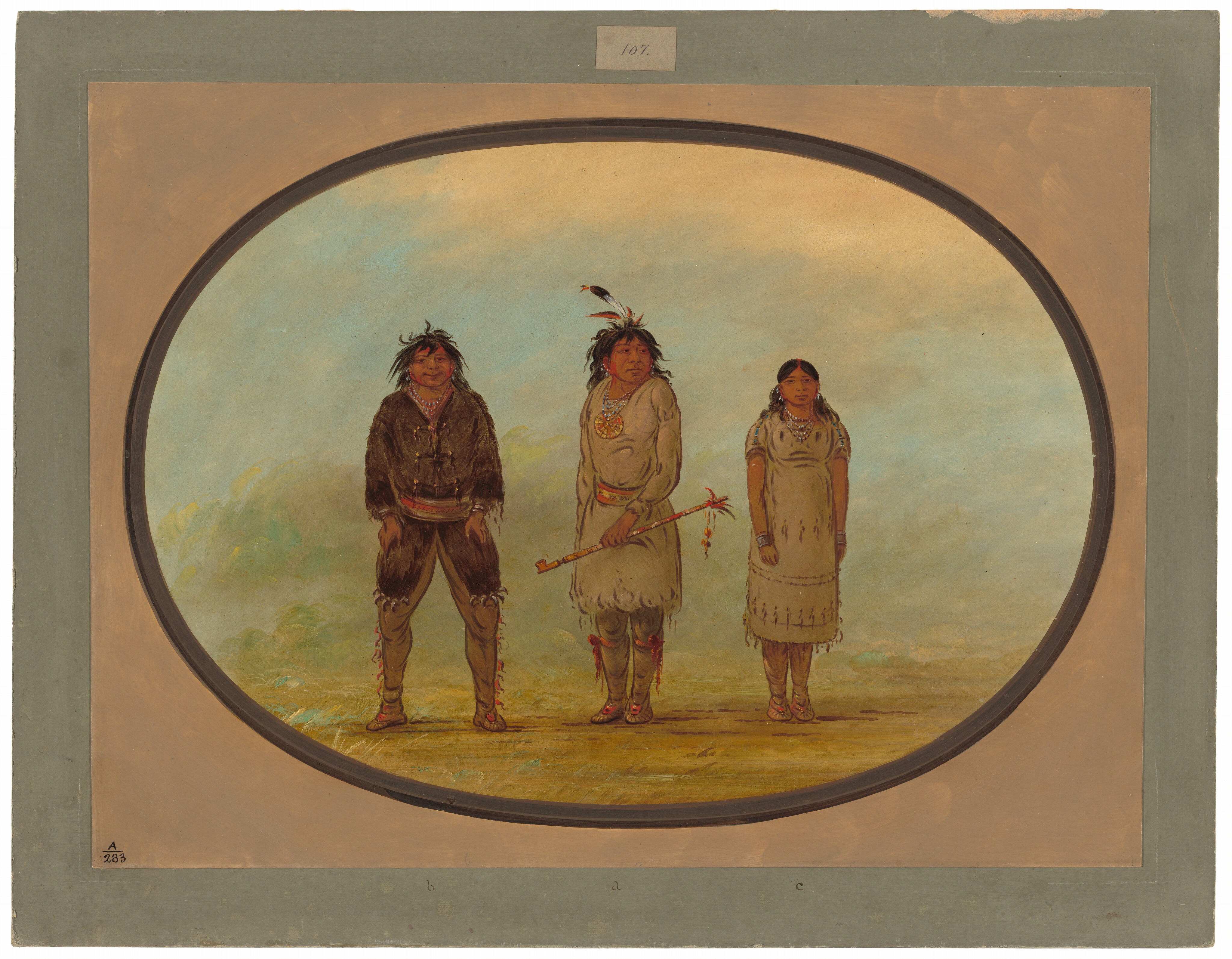 Three individuals are depicted standing side by side. The person on the left wears a dark fur garment with feather adornments in their hair. They have a gentle expression and wear white bead necklaces. The central person wears a light fringed garment, holds a red pipe with feathers, and also has feather adornments in their hair. The person on the right wears a light dress with fringe and bead decorations, with long hair adorned with beads. The background shows a painted outdoor setting with soft, natural colors.