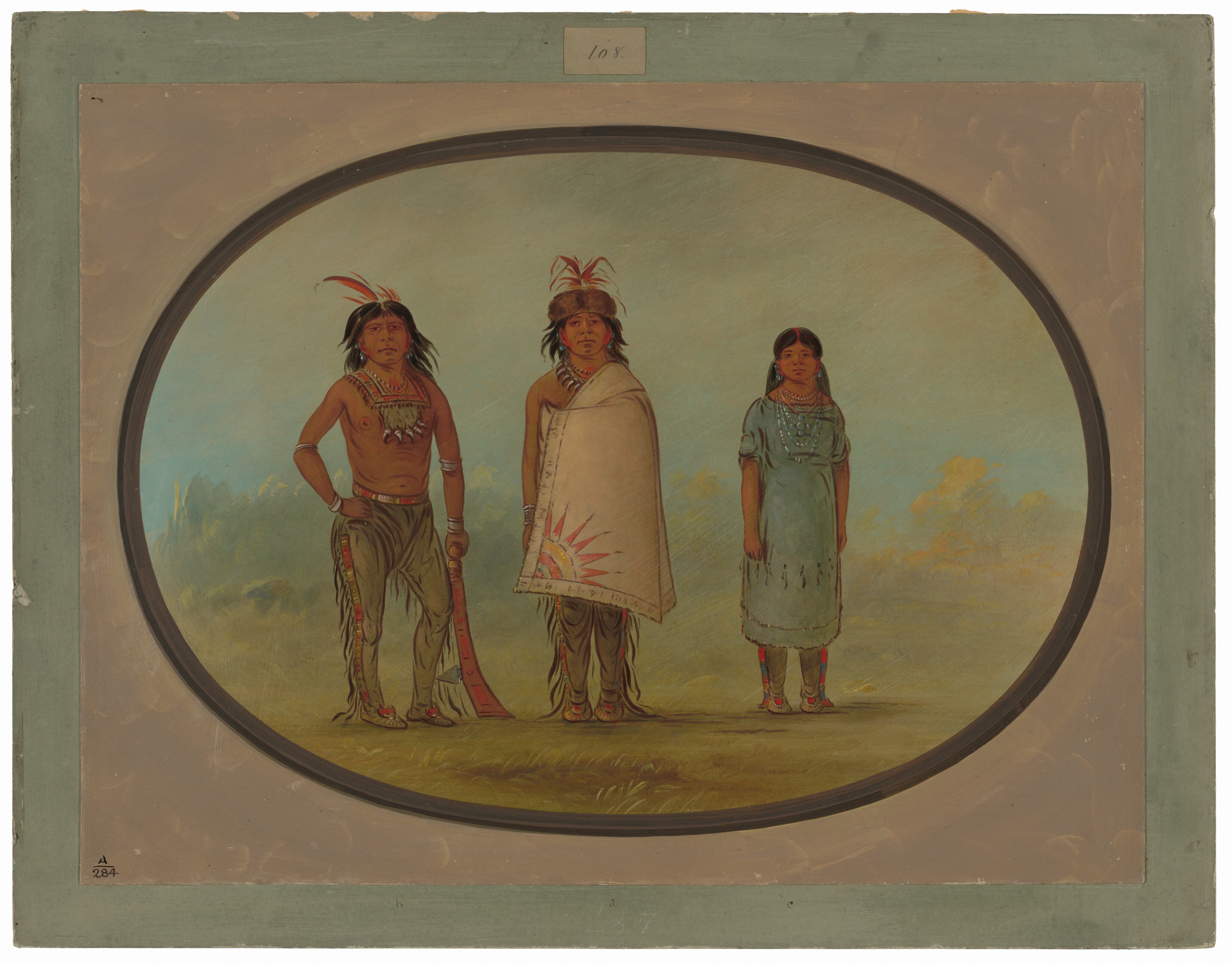 The image shows three individuals, depicted from head to toe. On the left, a man stands confidently with his left hand on his hip, wearing traditional attire consisting of fringed leggings, a beaded necklace, and a red band adorned with feathers on his head. In the center, another man stands, wrapped in a white cloak decorated with a sun-like design, with similar pants and hair, and is also adorned with a feathered headband. To the right, a woman stands dressed in a blue dress embellished with detailed beadwork around the neckline and hem. She wears her hair in two long braids and sports multiple beaded necklaces. They stand on a grassy terrain, with a clear blue sky and some clouds in the background. The scene is framed within an oval shape surrounded by a greenish-gray border.