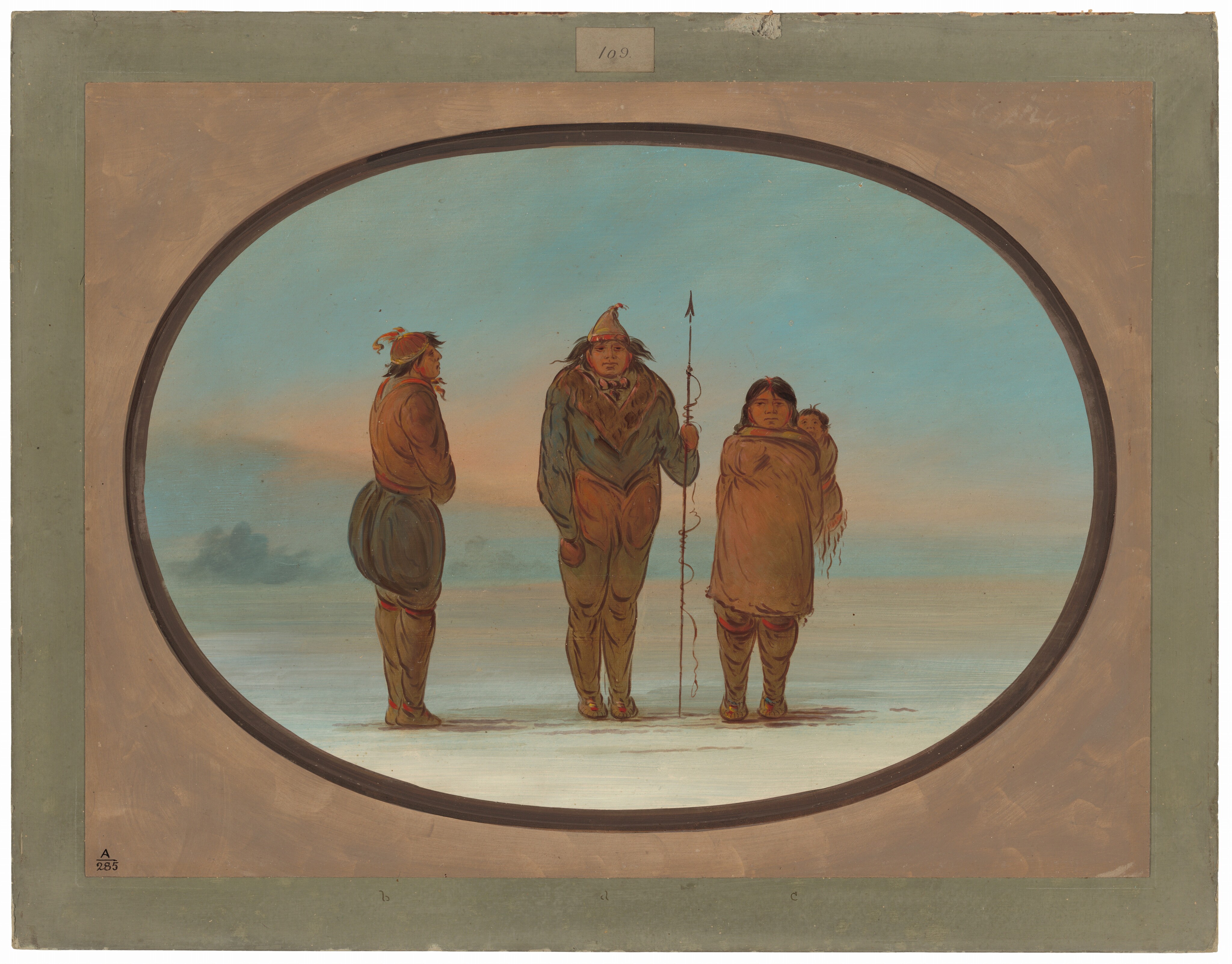 The image shows three individuals standing side by side on an open, snowy landscape. The person on the left is seen in profile with arms folded, while the two in the center and right are facing forward. The central figure appears to be holding a long, pointed spear and wears a cap with a tassel, a coat, and pants. The person on the right is wrapped in a shawl or large garment and appears to have long hair, carrying a child on their back. The individual on the left has similar attire. All three are dressed warmly. The background shows a gradient sky and a patch of clouds on the horizon. The artwork is framed within an oval matte.