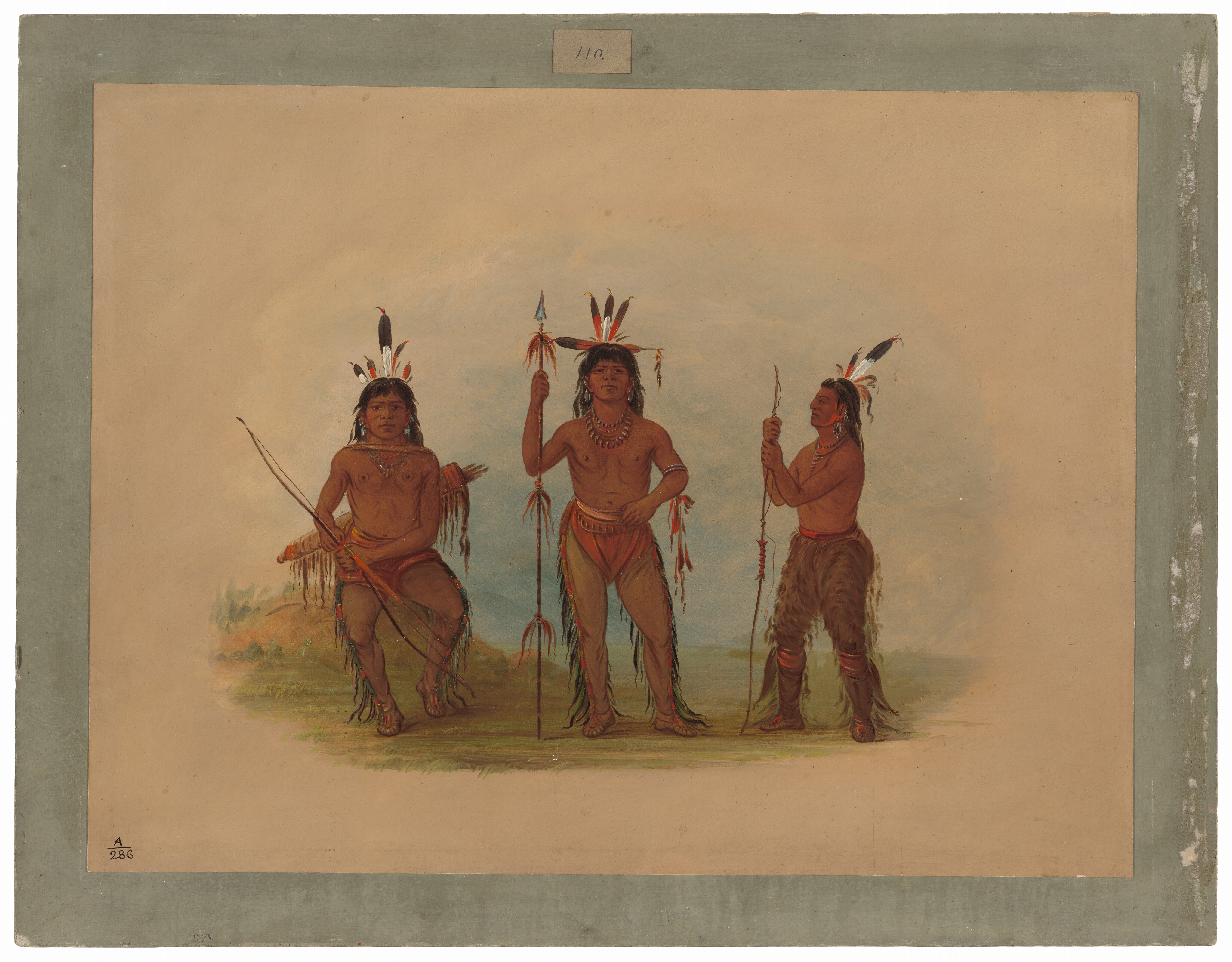 The image shows three individuals depicted from head to toe. The central figure stands upright, with the figure on the left seated, and the figure on the right standing in a relaxed pose with a bent leg. Each individual has distinct facial features, black hair adorned with feathers, and dressed in traditional attire including decorative elements made of feathers, animal hide, or fur. The seated individual holds a bow, while the central figure holds a feather-decorated spear. All three individuals wear necklaces and have feathers in their hairstyles. The background features a subtle pastoral landscape of grass and open sky.