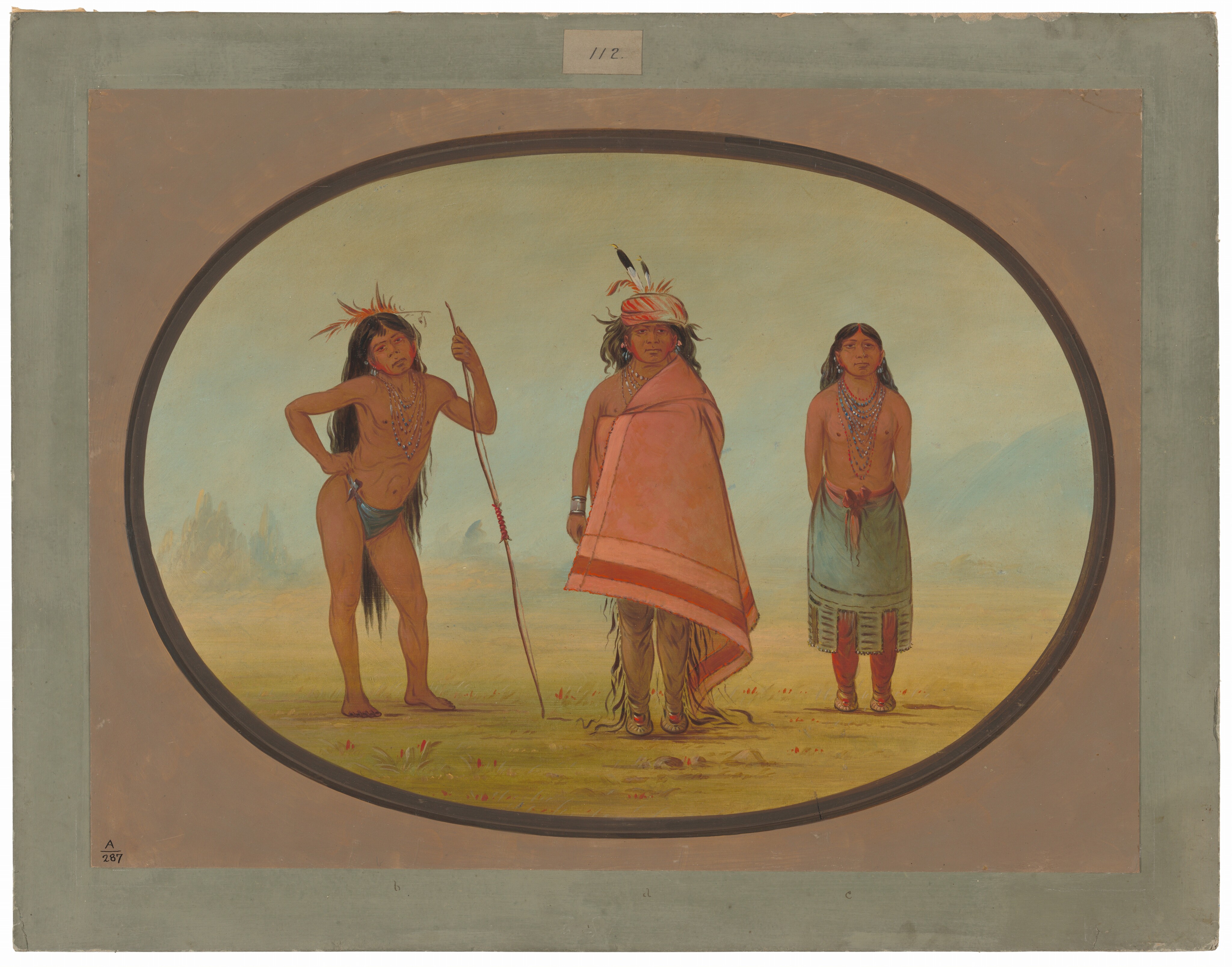 This image shows three people standing in full-body view. The person on the left has long dark hair and wears a headpiece made of natural materials, a blue waist garment, and stands confidently with one hand on their hip. The central figure holds a spear, wears feathers and a cloth wrap on their head, long dark hair, and a red and orange poncho over a tunic and tall boots. The person on the right has long dark hair, wears a turquoise skirt, red leggings, and a decorative necklace, standing with hands by their sides. The background shows a soft landscape with rolling hills and a muted sky, framed in an oval border on a gray and brown rectangular mount.