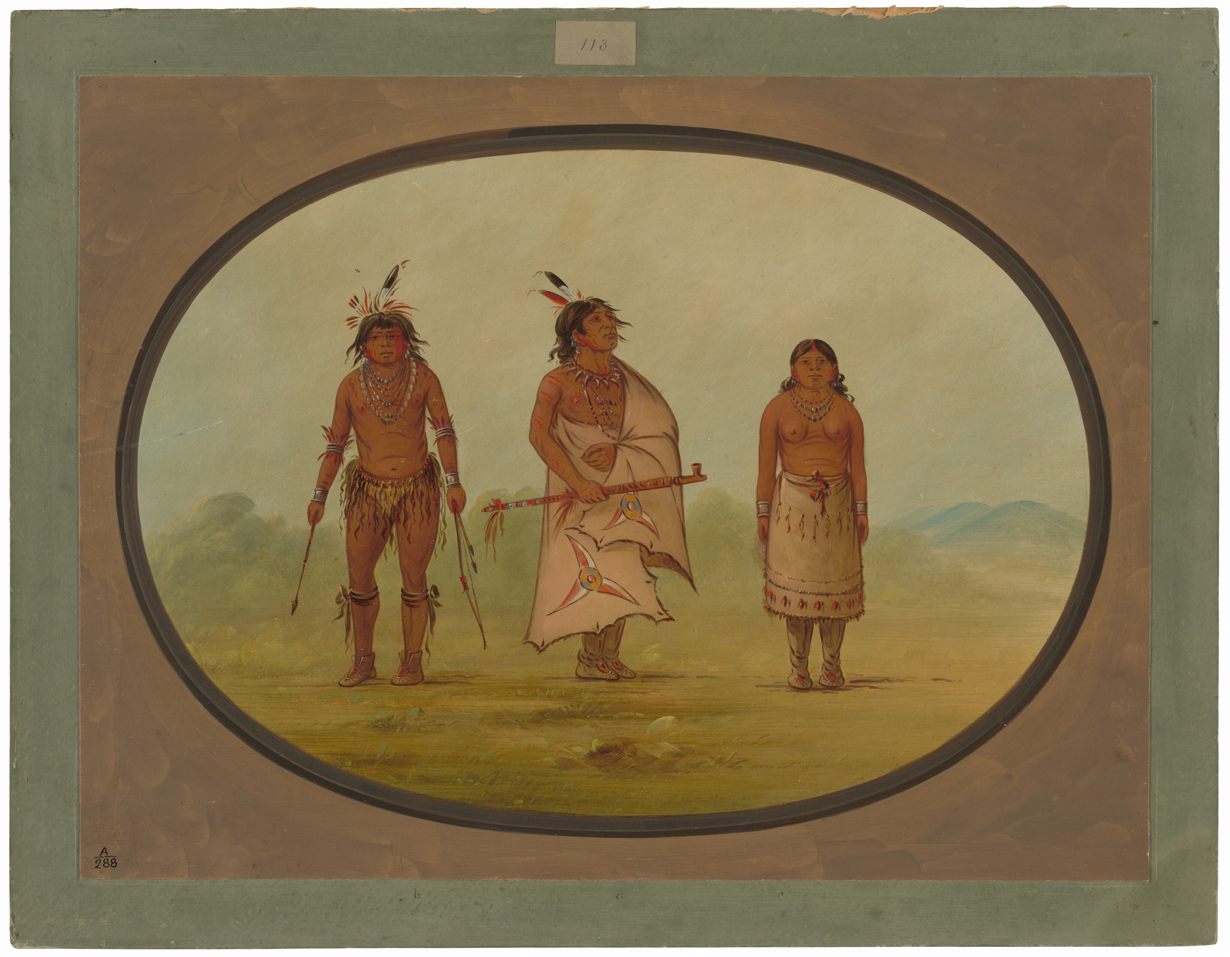 The image shows three individuals standing in a grassy landscape. On the left, a male wears a feathered headdress, paint on his face, long hair, a fringed outfit, and holds arrows. In the center stands another male wrapped in cloth, wearing a feathered headdress, necklaces, and holding a ceremonial pipe. On the right, a female with braided hair wears a skirt, necklaces, and bracelets. The background consists of green grass and hills under a light blue sky, enclosed in an oval border against a sepia-toned background.