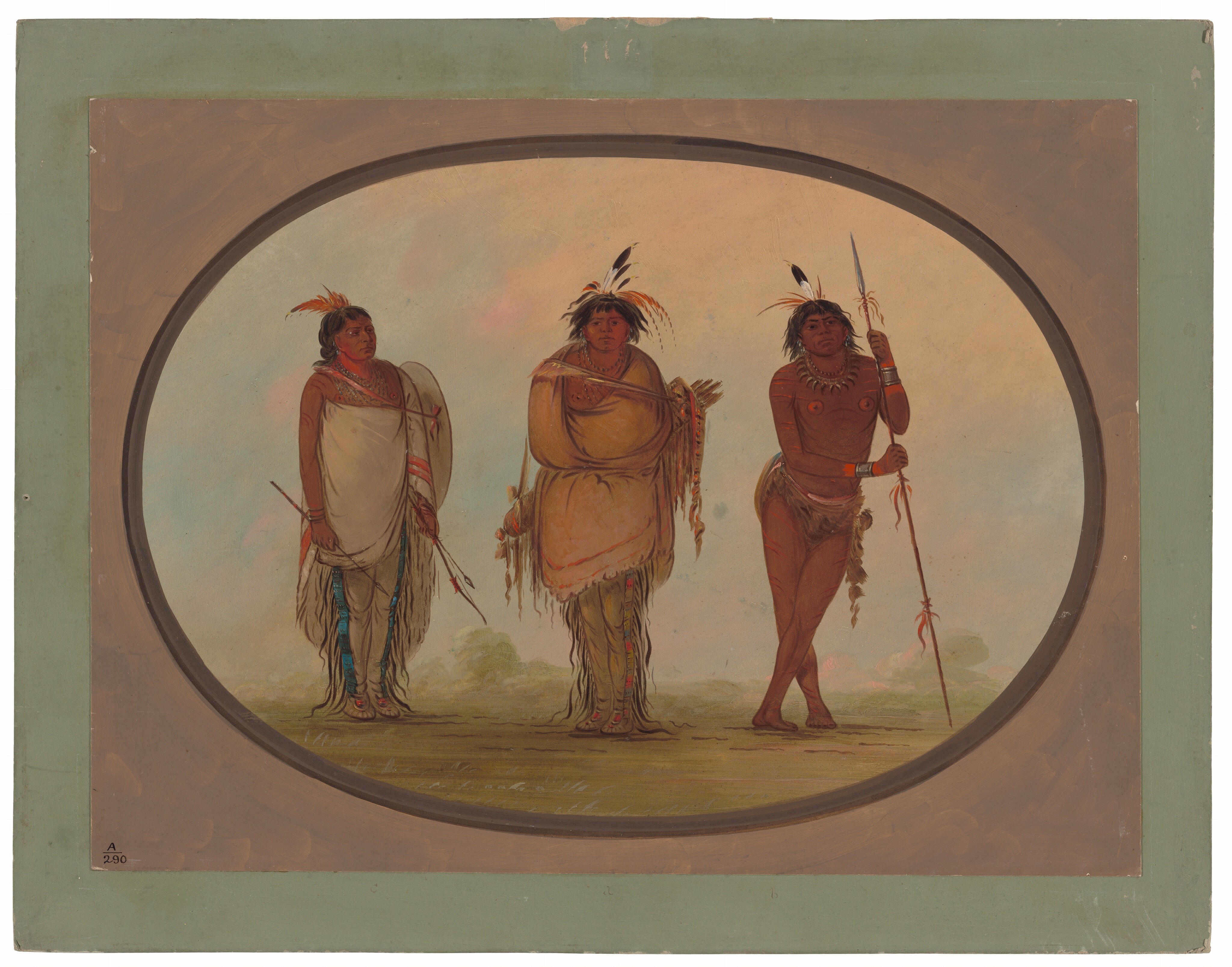 The image shows three individuals standing side by side. The person on the left holds a bow and wears a white garment with accessories. The middle person stands with hands touching in front, wearing a similar garment with orange fringe. The person on the right holds a spear and wears a red-brown cloth with accessories. The background features a natural landscape with soft pastel tones. The scene is framed within an oval border.