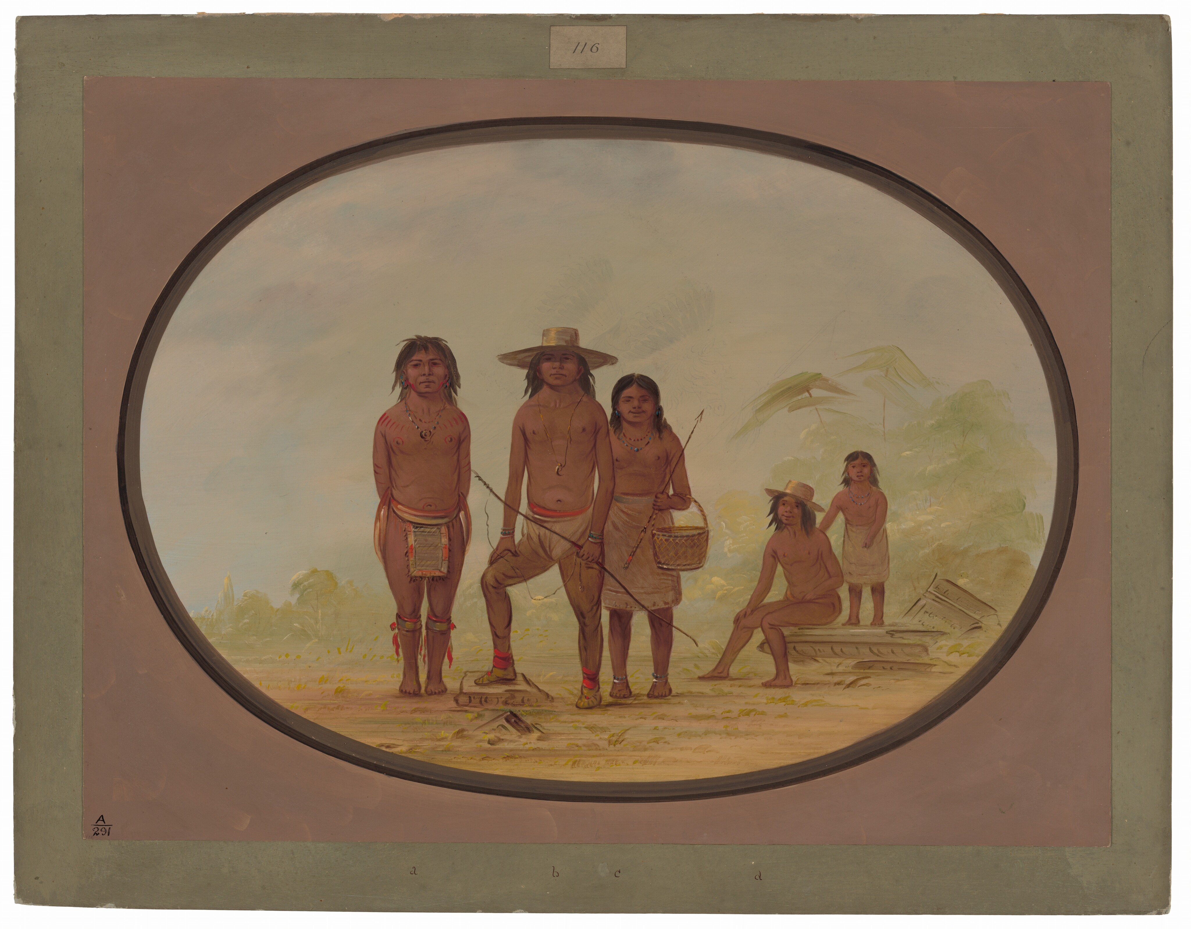 The image shows a group of five people, four standing and one seated. They are standing upright and appear to be posing for the portrait. The person on the far left is a male with shoulder-length hair, wearing minimal clothing that covers his waist and hips, adorned with red paint on his body, and has several necklaces. The male next to him has longer hair and wears a wide-brimmed straw hat, a necklace, and holds a bow. The individual beside them is a female with long hair, wearing necklaces, a skirt, and also holds a basket and an arrow. In the background, a seated woman and a standing child can be seen with landscape elements like trees and foliage around them. The seated person wears a wide-brimmed hat and minimal clothing similar to others. The background suggests a natural setting with vegetation and a misty sky. The scene is framed in a circular format within a rectangular mat, bordered by a wide band with catalog numbers above and to the lower left.