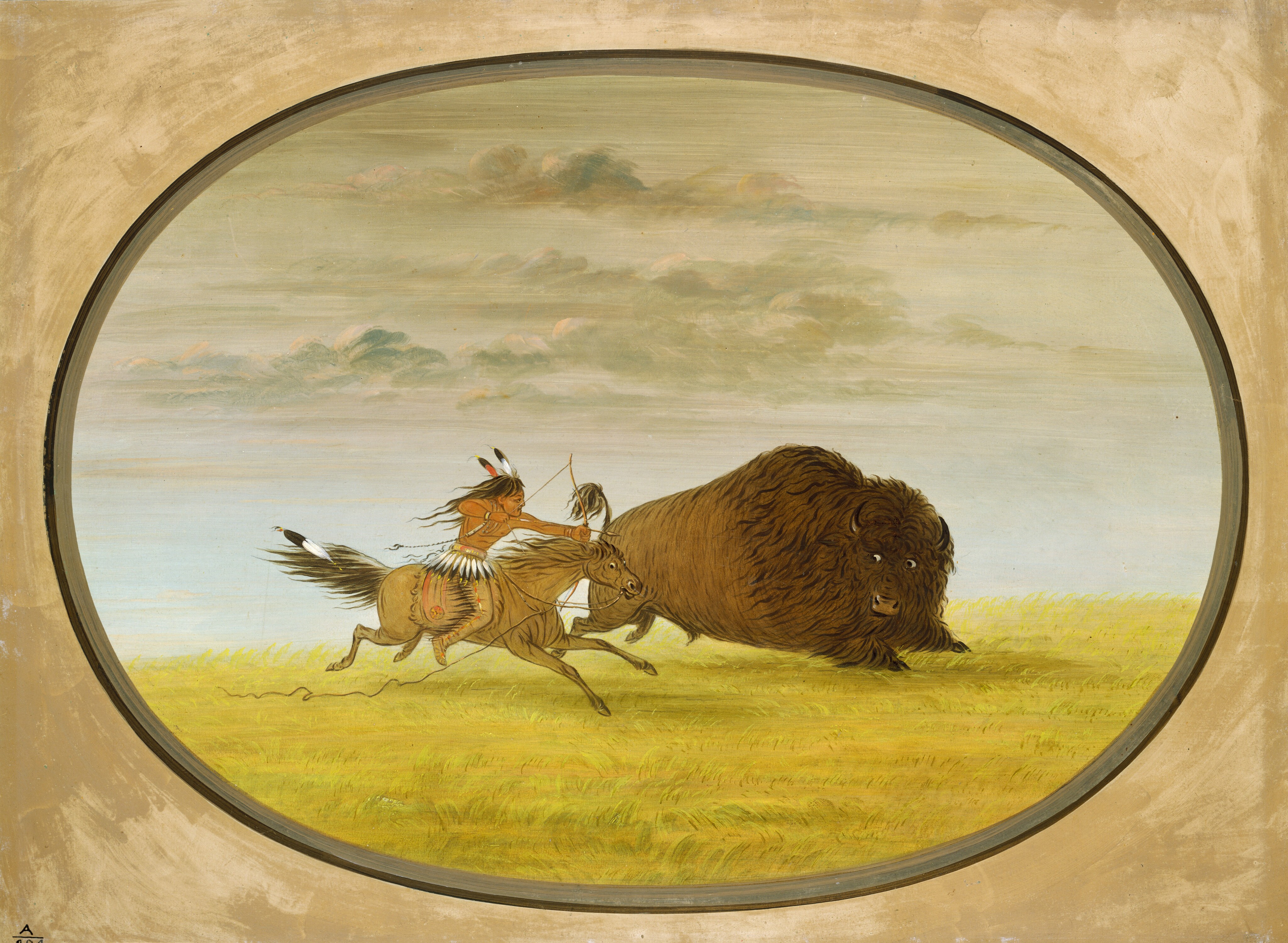 This is a painting with a central focus on a bison being pursued by a figure on horseback. The scene is set in a grassy prairie under a cloudy sky. The bison is depicted with detailed brown fur and expressive eyes, appearing to move swiftly. A galloping horse is shown next to the bison, with attention to its mane and motion to suggest speed. The composition is enclosed in an oval with a muted border. The style is reminiscent of George Catlin, known for his depictions of Native American life and wildlife.