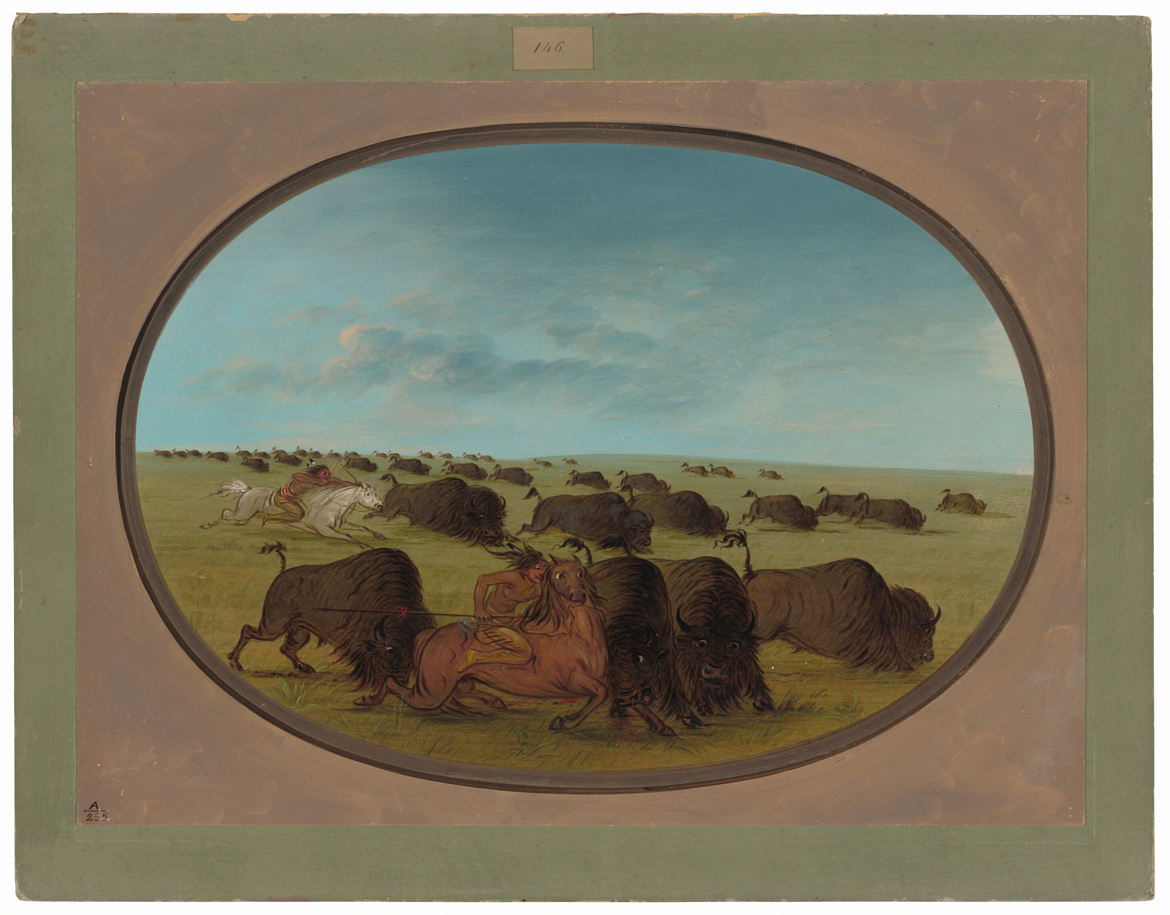 The scene is depicted from a slightly elevated point of view, displaying a broad perspective of the landscape. The horizon is low, emphasizing the sky filled with blue clouds. In the foreground, a hunter on horseback engages with a group of buffalo. The brushstrokes capture the textures and details realistically. A vast herd of buffalo can be seen extending into the distance across the grassland. The color palette includes earthy tones for the animals and landscape, contrasting with the vibrant sky.