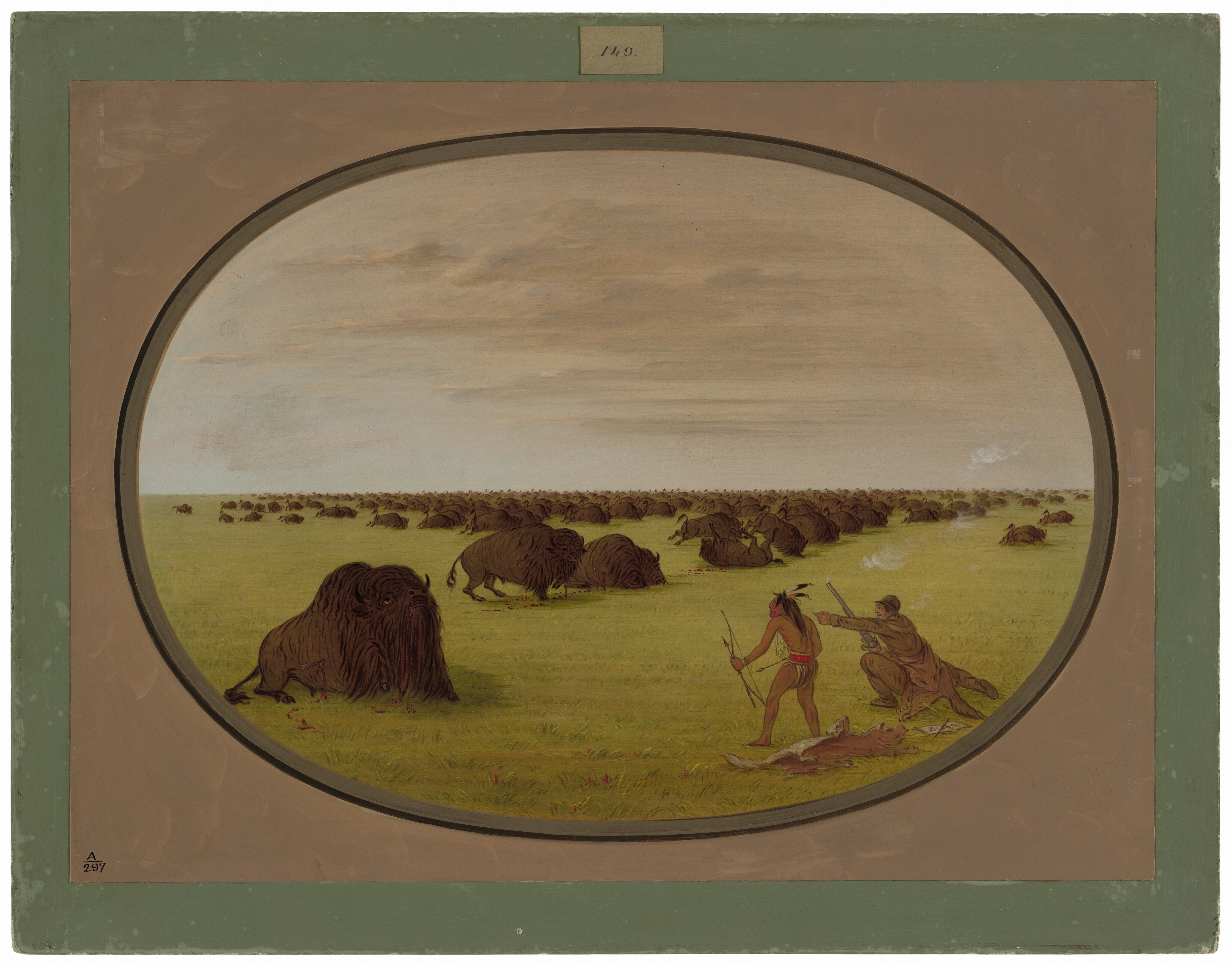 The image shows a vast grassy plain with a herd of bison in the distance. Two figures are hunting near a fallen bison. The sky has subtle bands of clouds and the colors are predominantly earthy tones.