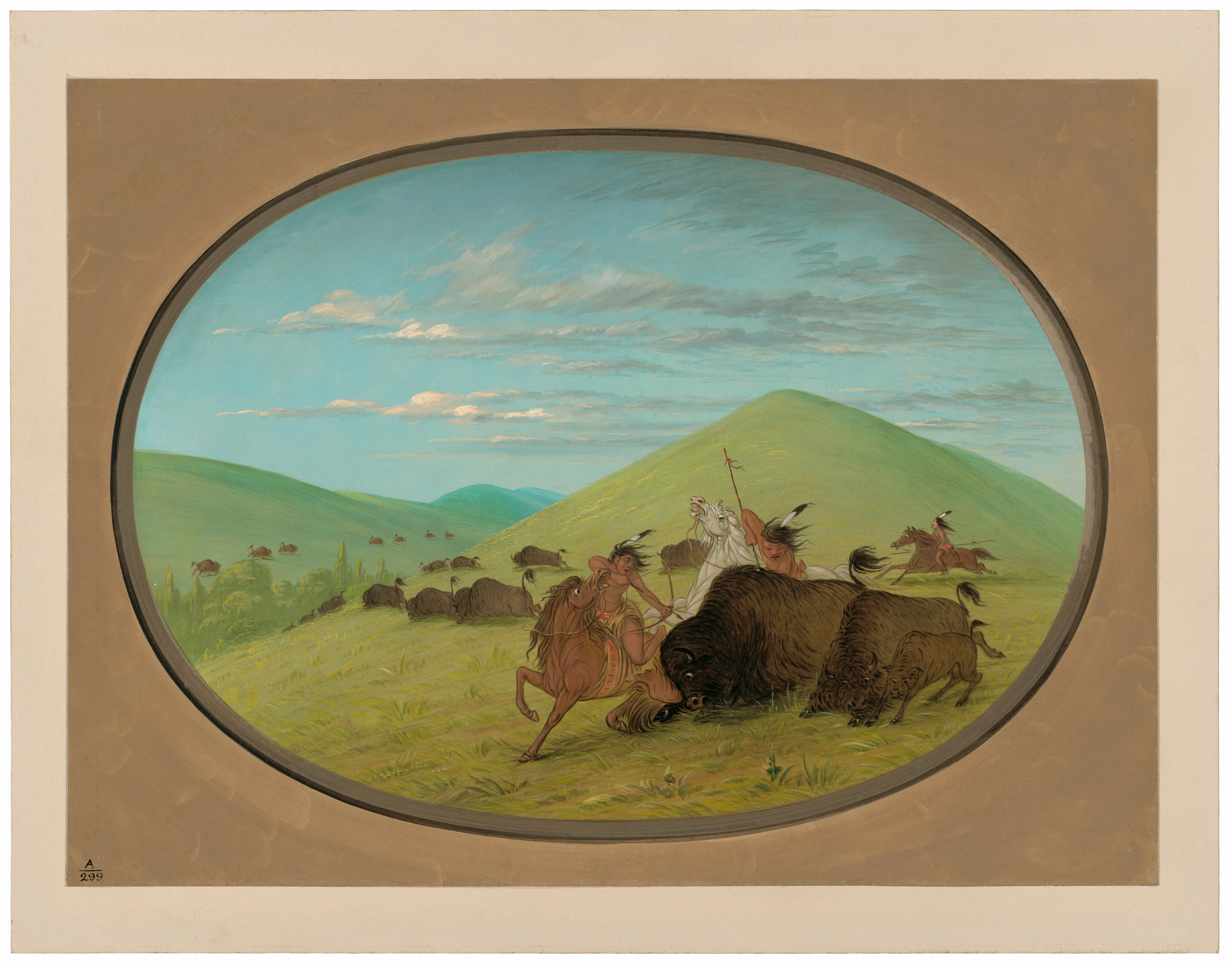 The image shows a landscape with rolling green hills stretching into the distance. The horizon is high in the composition, with a sky filled with wispy clouds. In the center, two figures on horseback are engaging with a herd of buffalo. The color palette consists of earthy greens, browns, and vibrant blues. More hills are visible in the distance, adding depth to the scene.