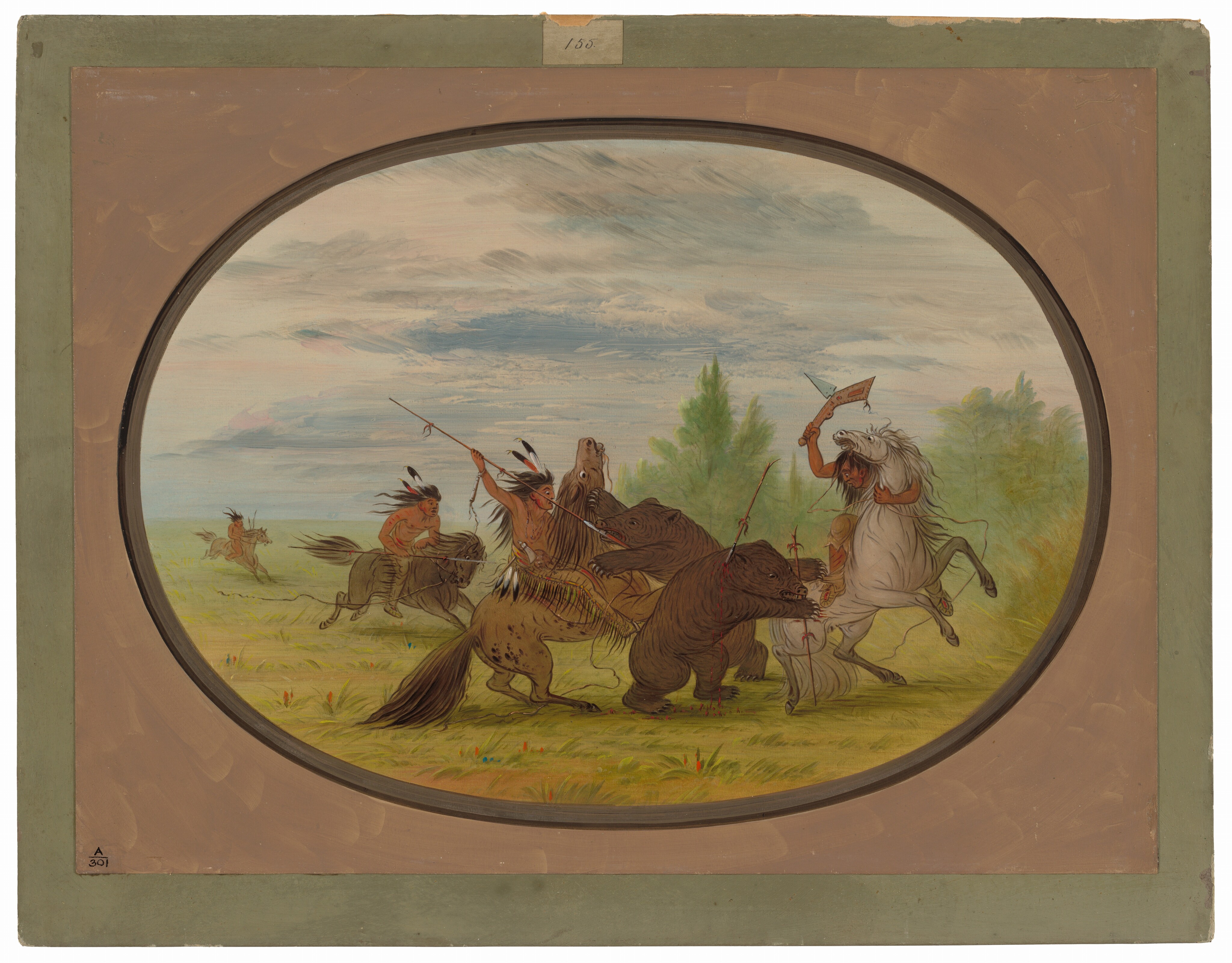 This is a painting depicting horsemen engaging in a confrontation with bears. The scene shows a grassy landscape with scattered trees and an open sky. Several individuals on horseback are involved in an encounter with the bears. The horses are in motion, some rearing up, suggesting the intensity of the situation. The composition is dynamic, focusing on the interaction between the riders, horses, and bears. Details include traditional attire of the people and their adornments, as well as the postures of the animals. This is in the style of George Catlin, known for his paintings of Native American life and wildlife.